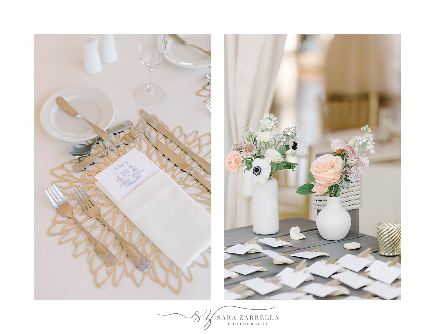 place setting at Regatta Place with gold napkins