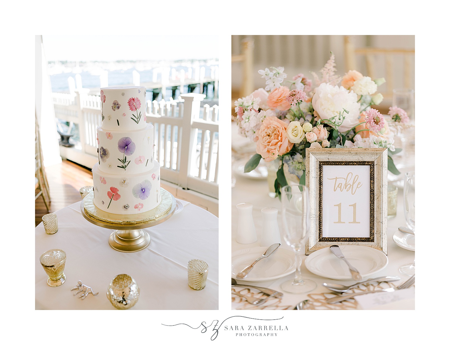elegant summer wedding reception at Regatta Place with pastel floral centpeireces