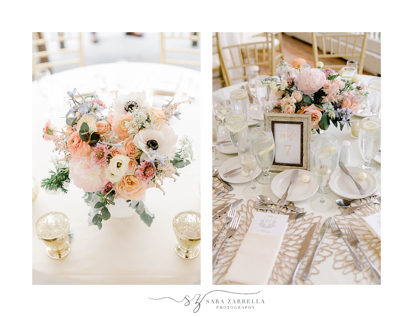 elegant summer wedding reception at Regatta Place with pastel floral centerpieces