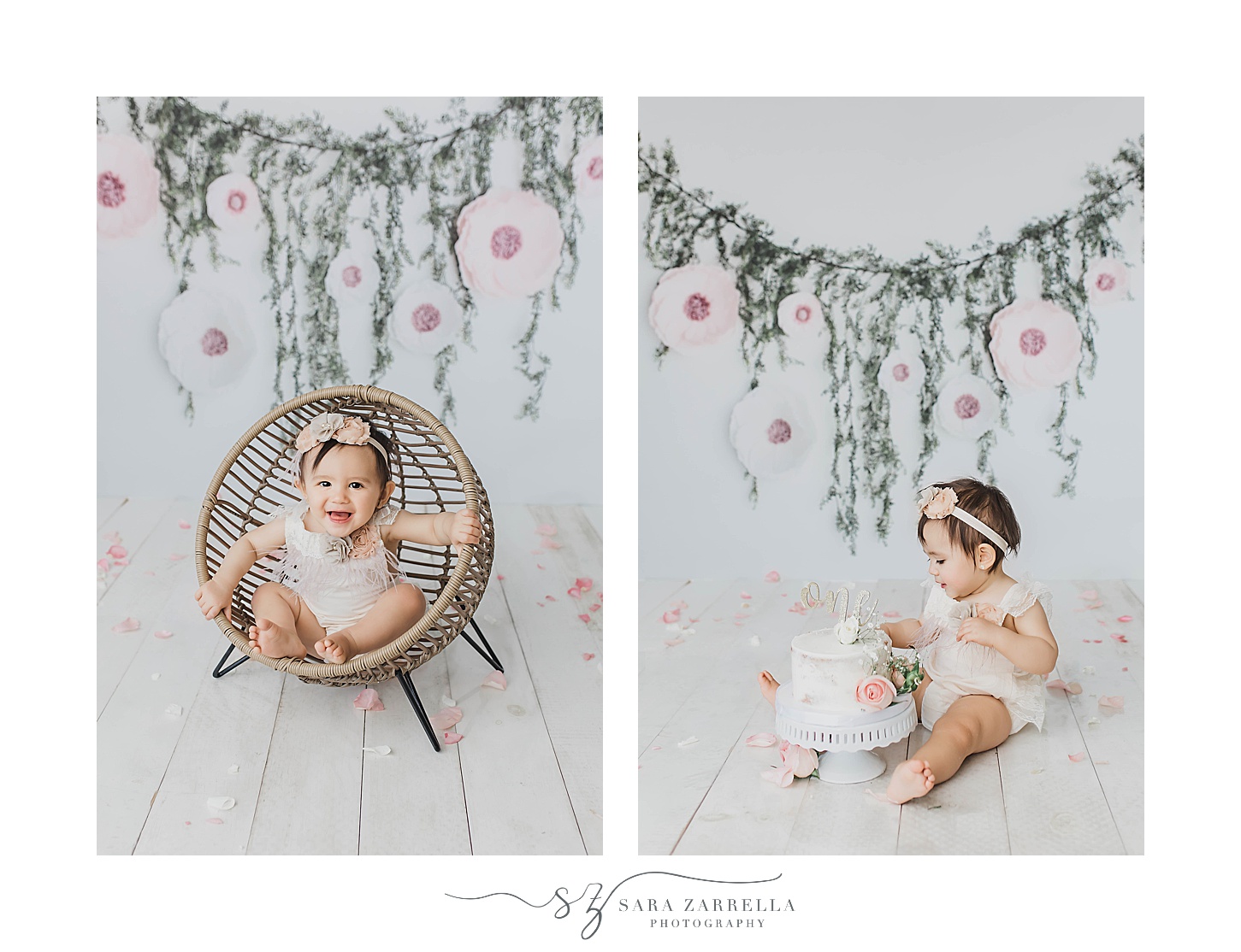 one year old sit sin front of green and pink boho inspired setup for cake smash