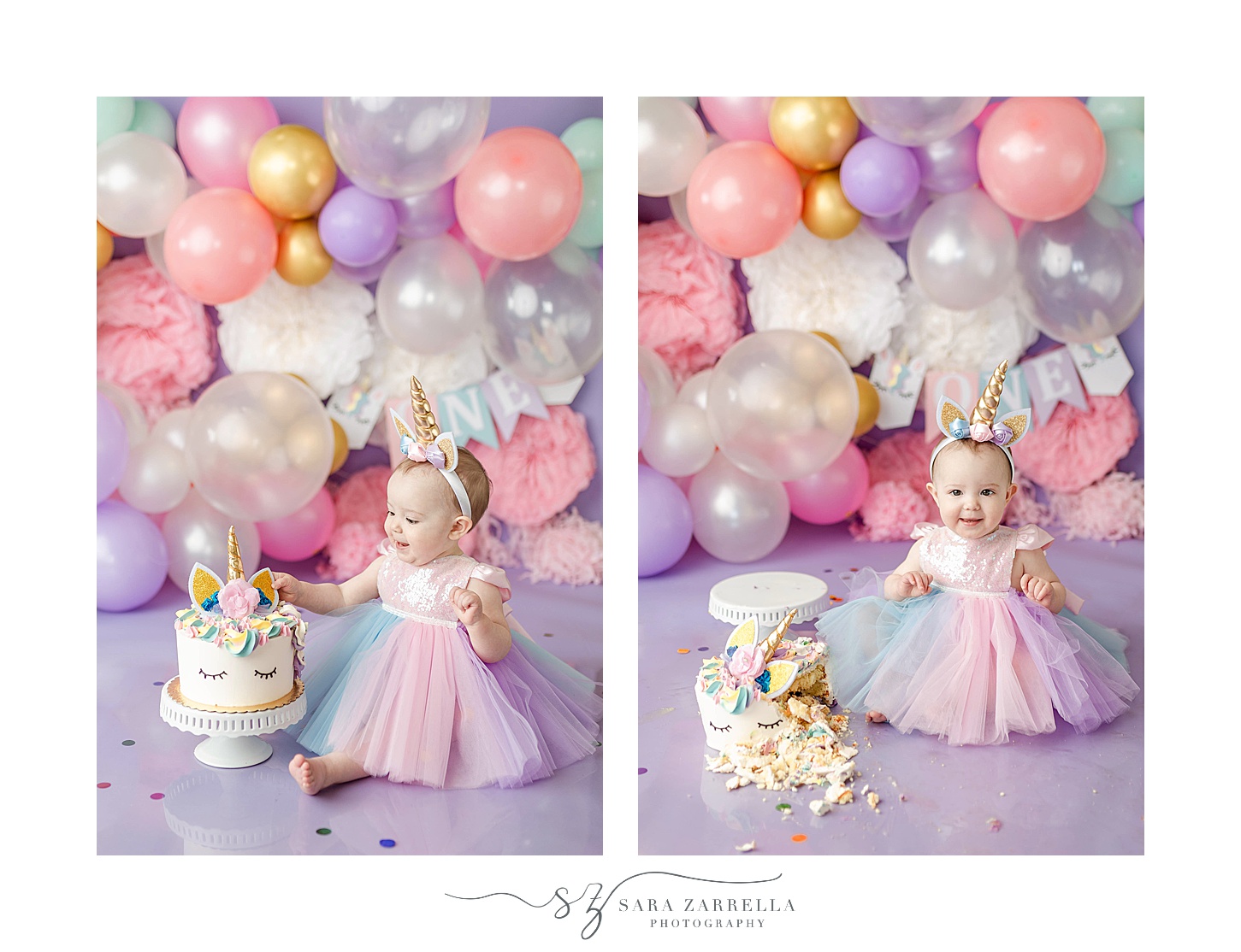 baby girl sits in front of pink and purple balloons for unicorn cake smash portraits with Sara Zarrella Photography