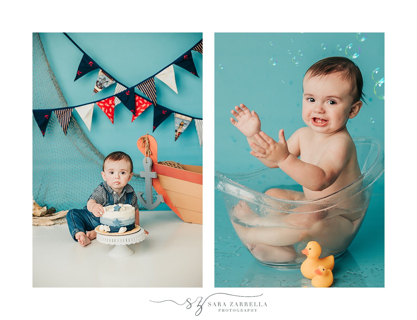 baby boy sits in clear tub and fishing setup for cake smash portraits with Sara Zarrella Photography