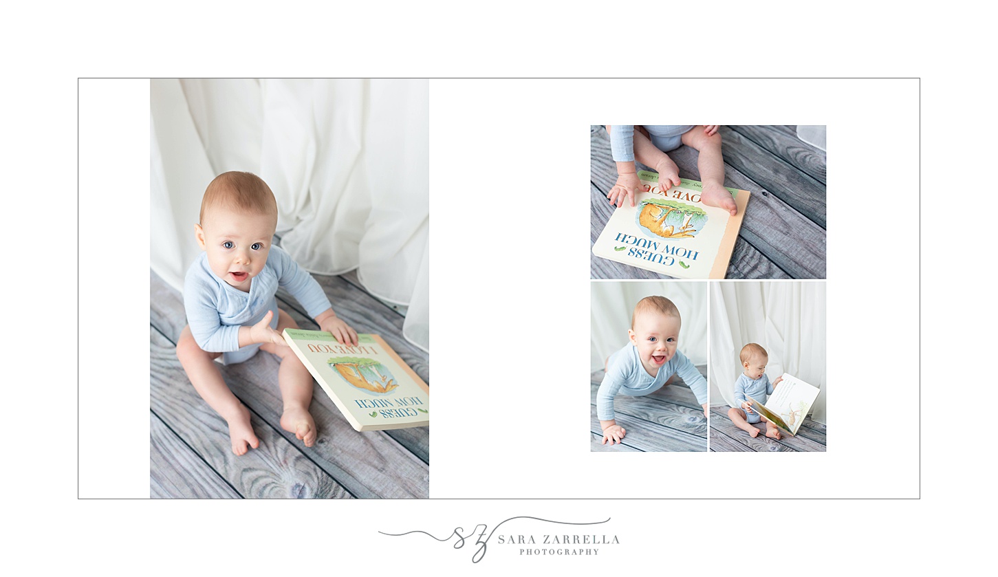 baby's first year Storybook album featuring maternity session, newborn, holiday milestones and  cake smash designed by Sara Zarrella Photography, RI family photographer 