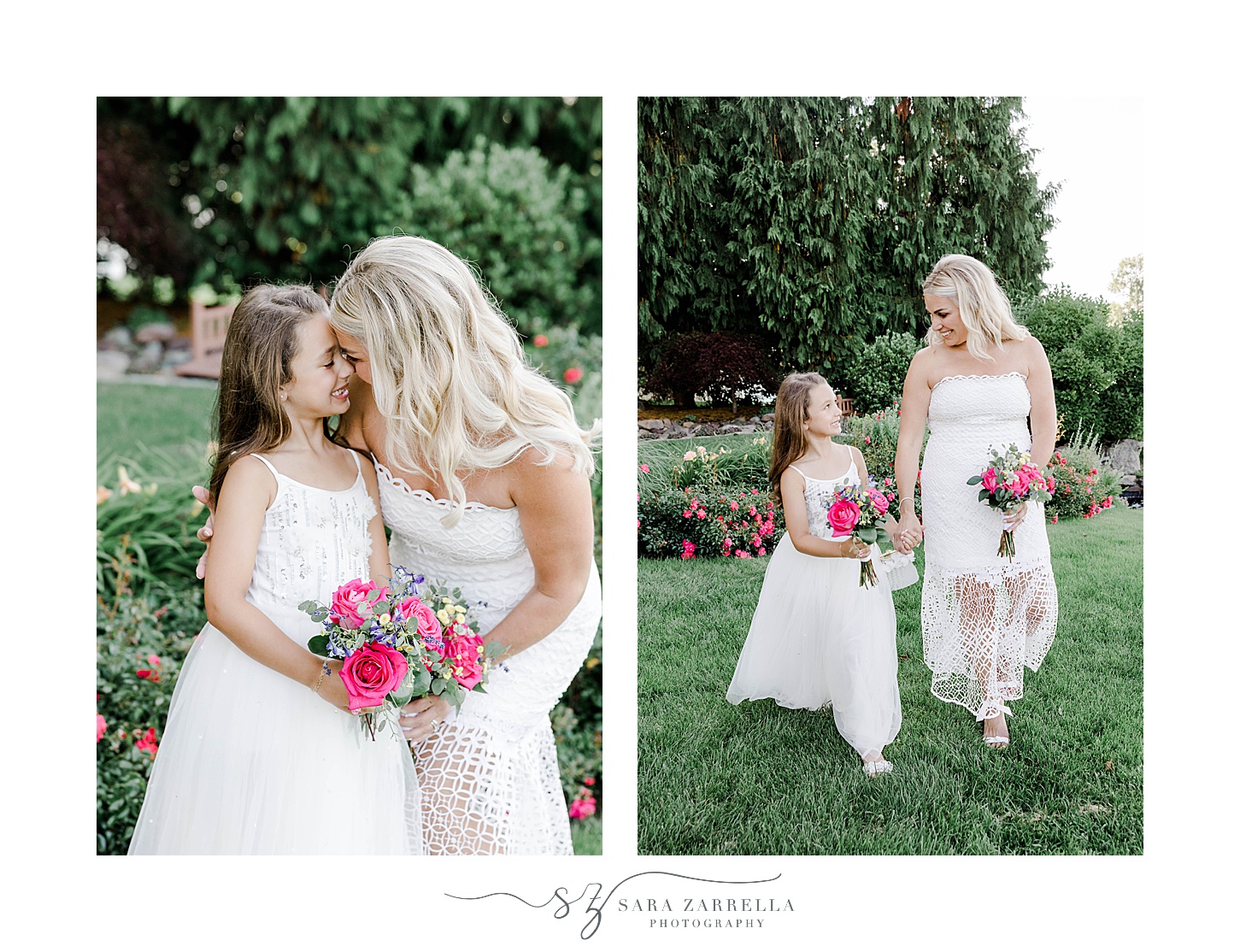bride kneels down hugging daughter in white flower girl dress 