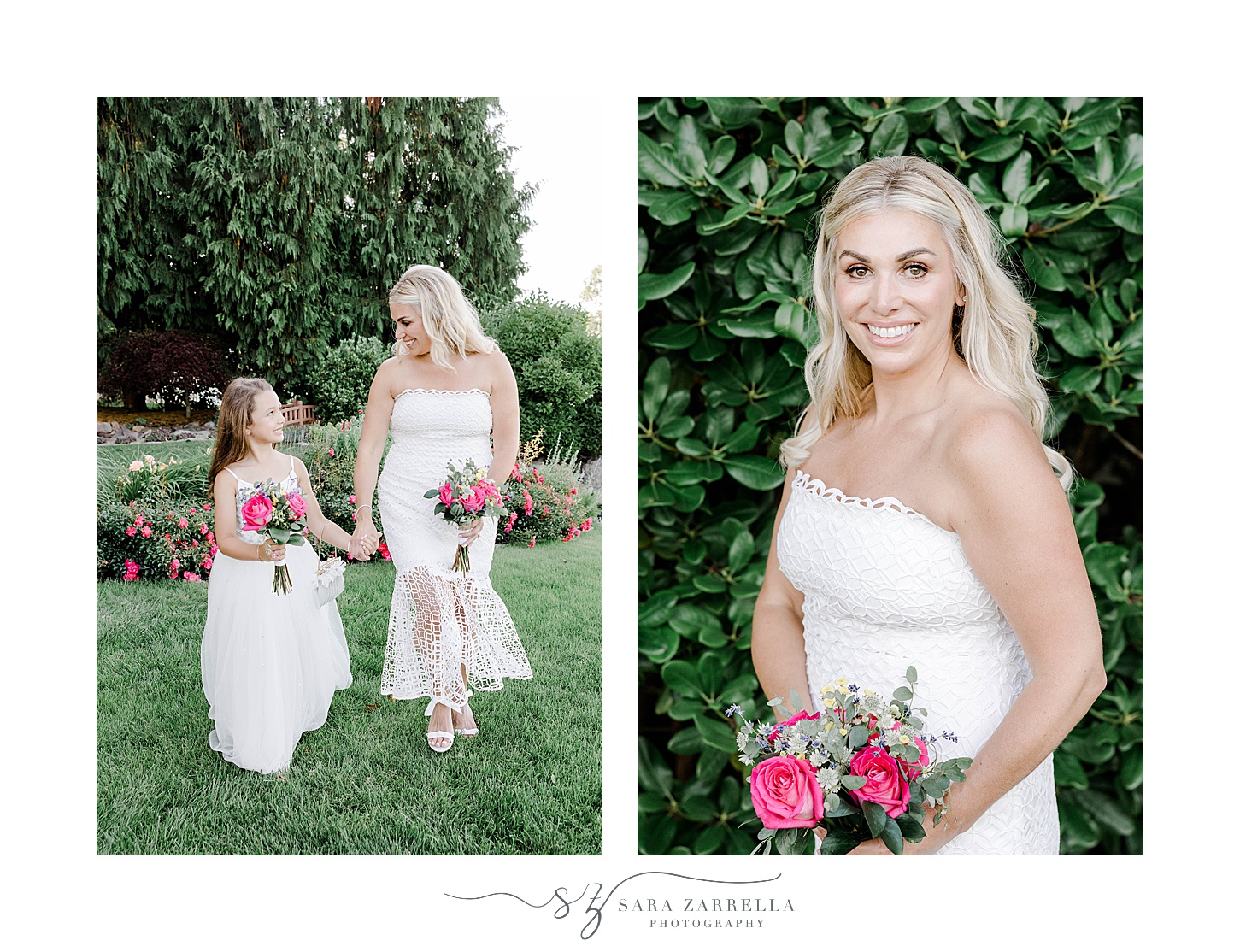 blonde bride poses in white linen gown holding bouquet of bright pink roses 