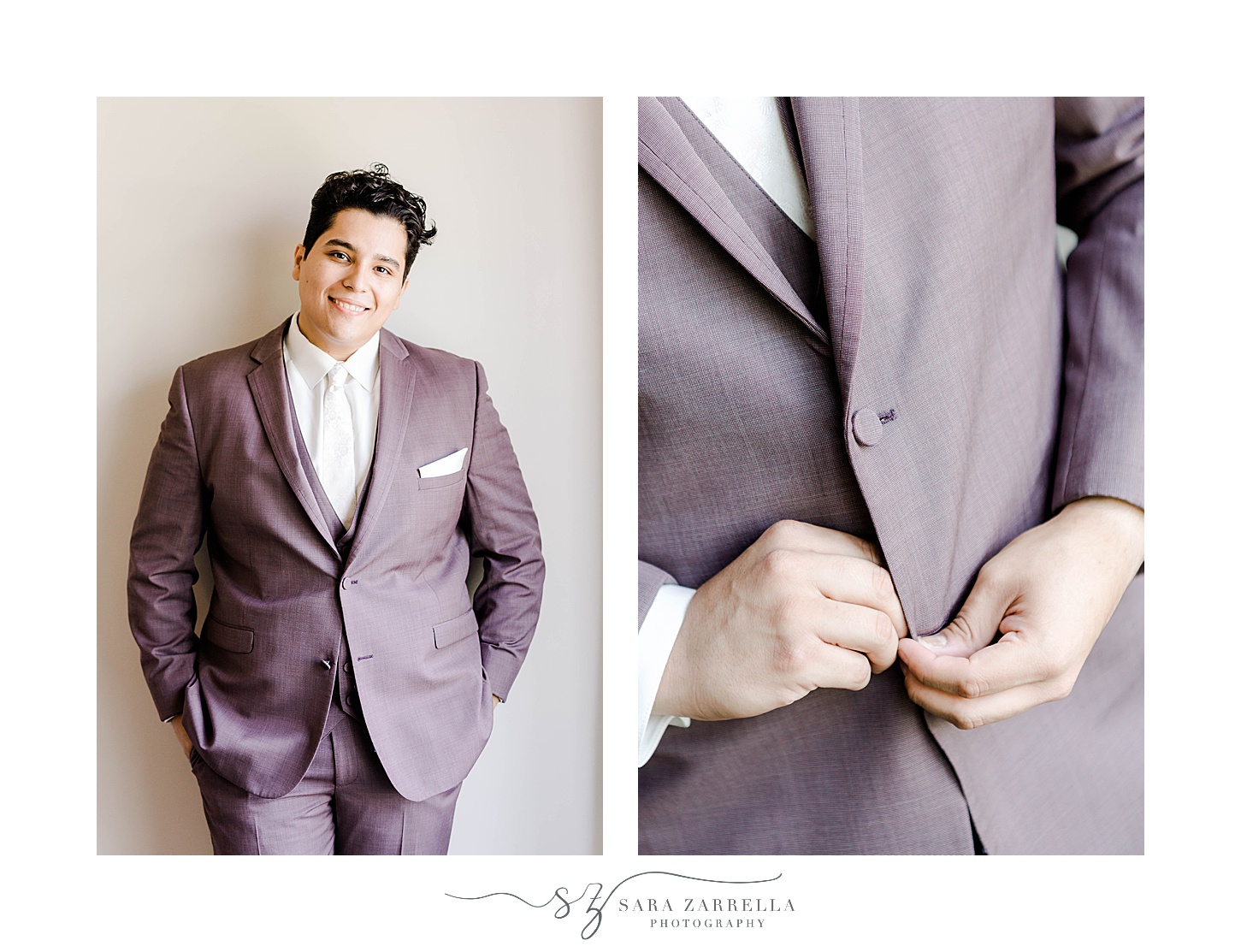 groom buttons up grey suit jacket before RI wedding day 
