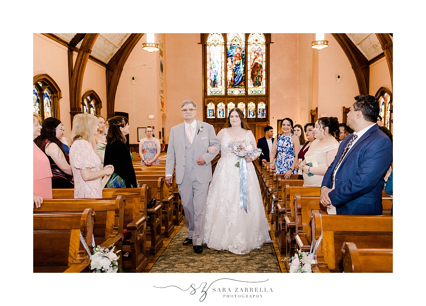 bride and father enter church for ceremony in Newport RI