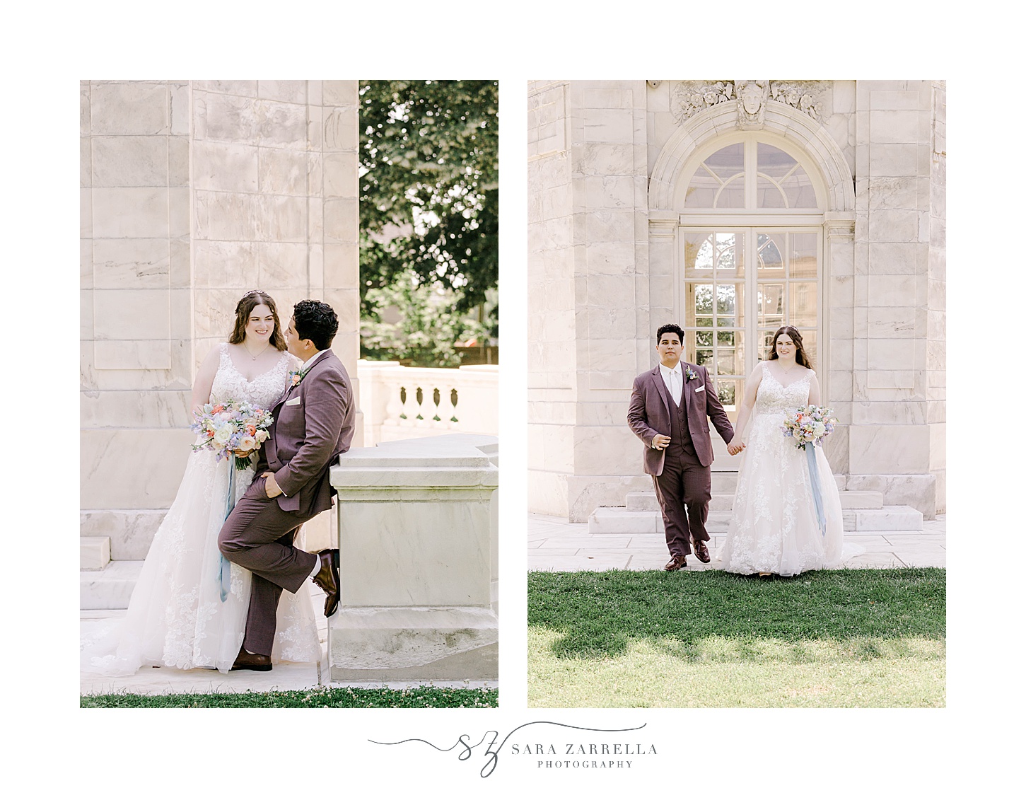 newlyweds lean against stone wall of the Elms in Newport RI