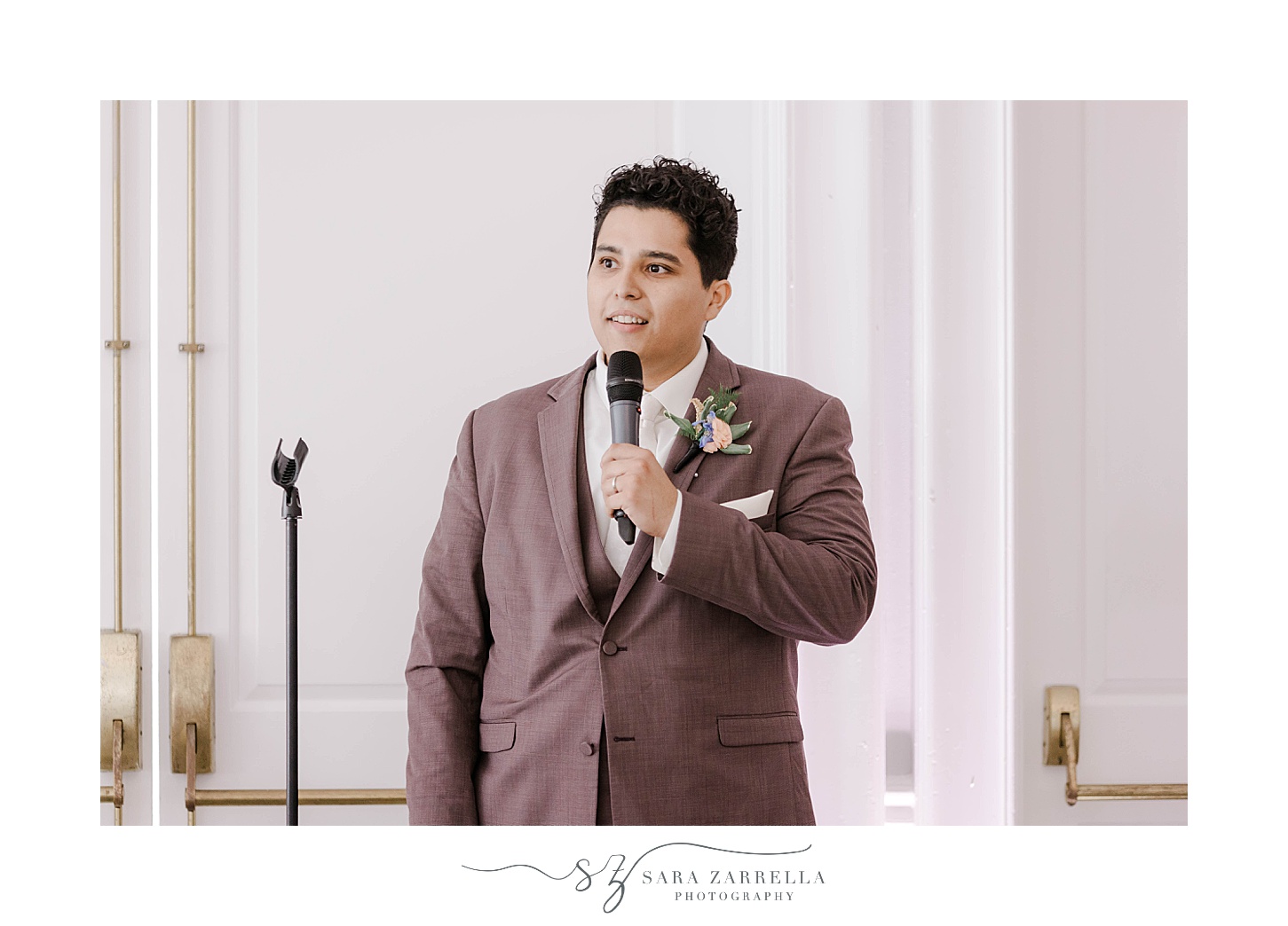 groom gives speech during Newport RI wedding reception 