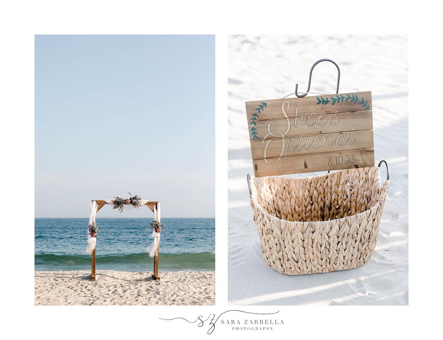 wedding ceremony setup on Charlestown Beach with white fabric and flowers on arbor 