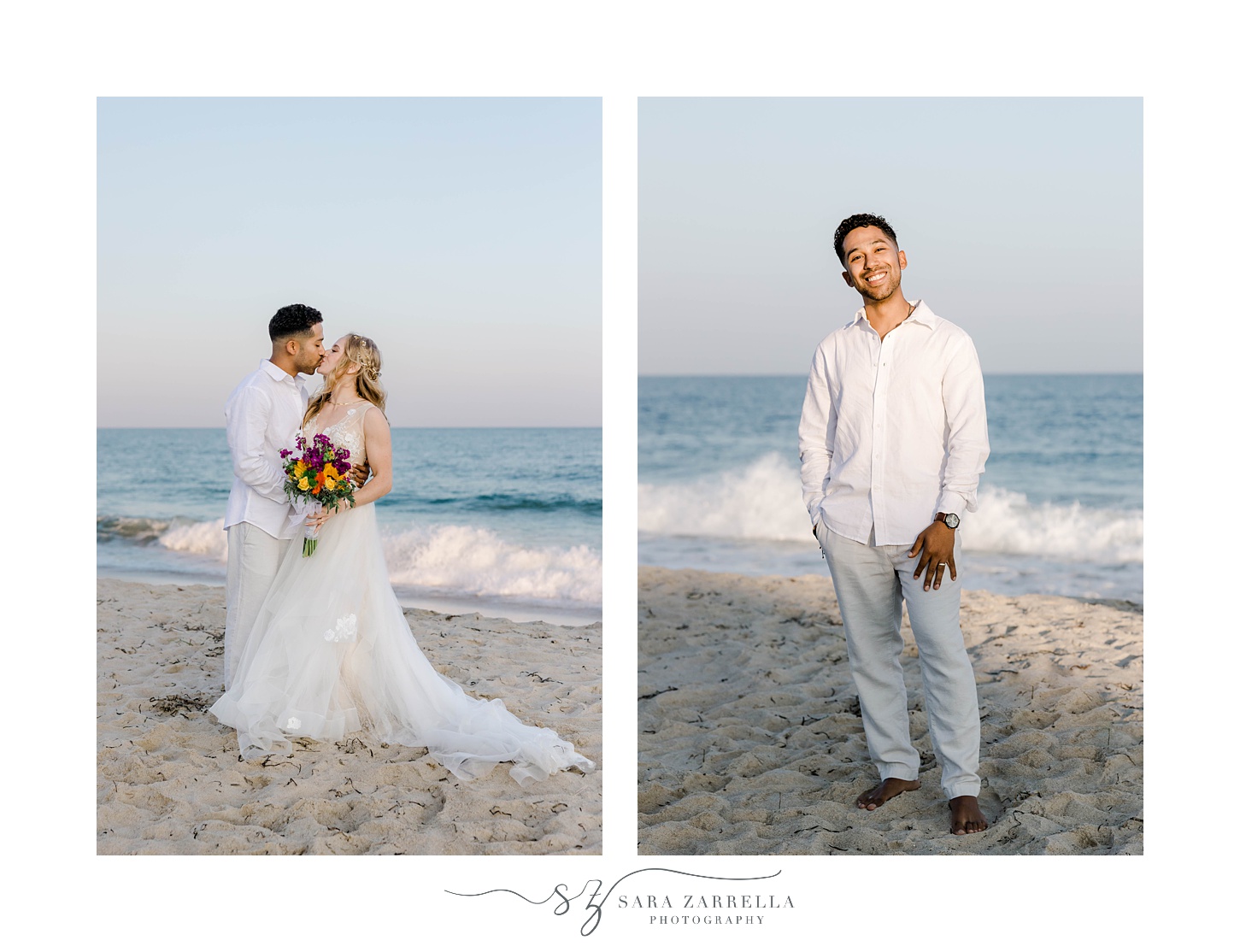 groom stands in white button down on sand during Charlestown Beach wedding portraits 