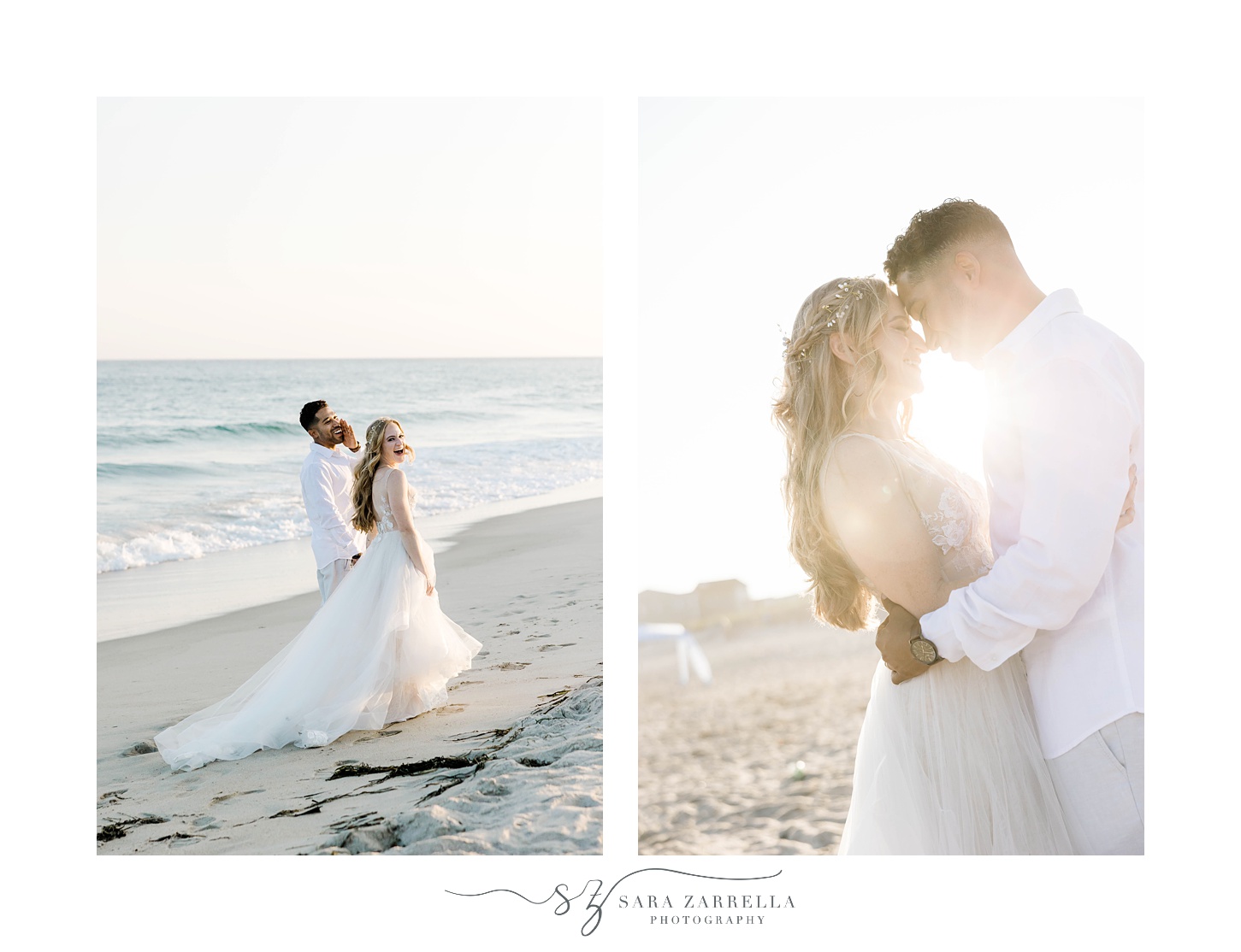 newlyweds lean with sun behind them on Charlestown Beach
