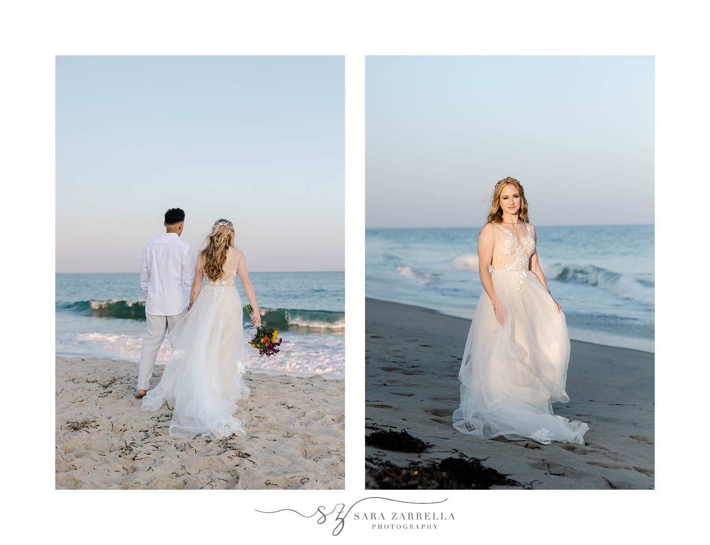 bride twirls wedding dress on sands of Charlestown Beach
