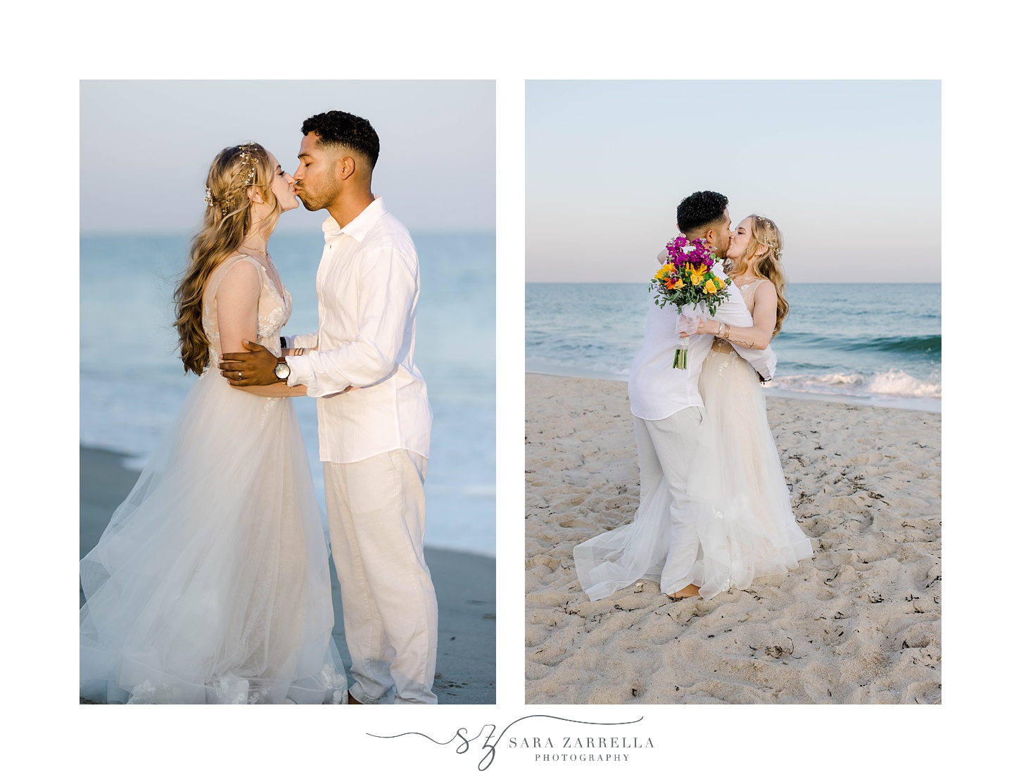 newlyweds kiss on sand of Charlestown Beach with bouquet by his face 