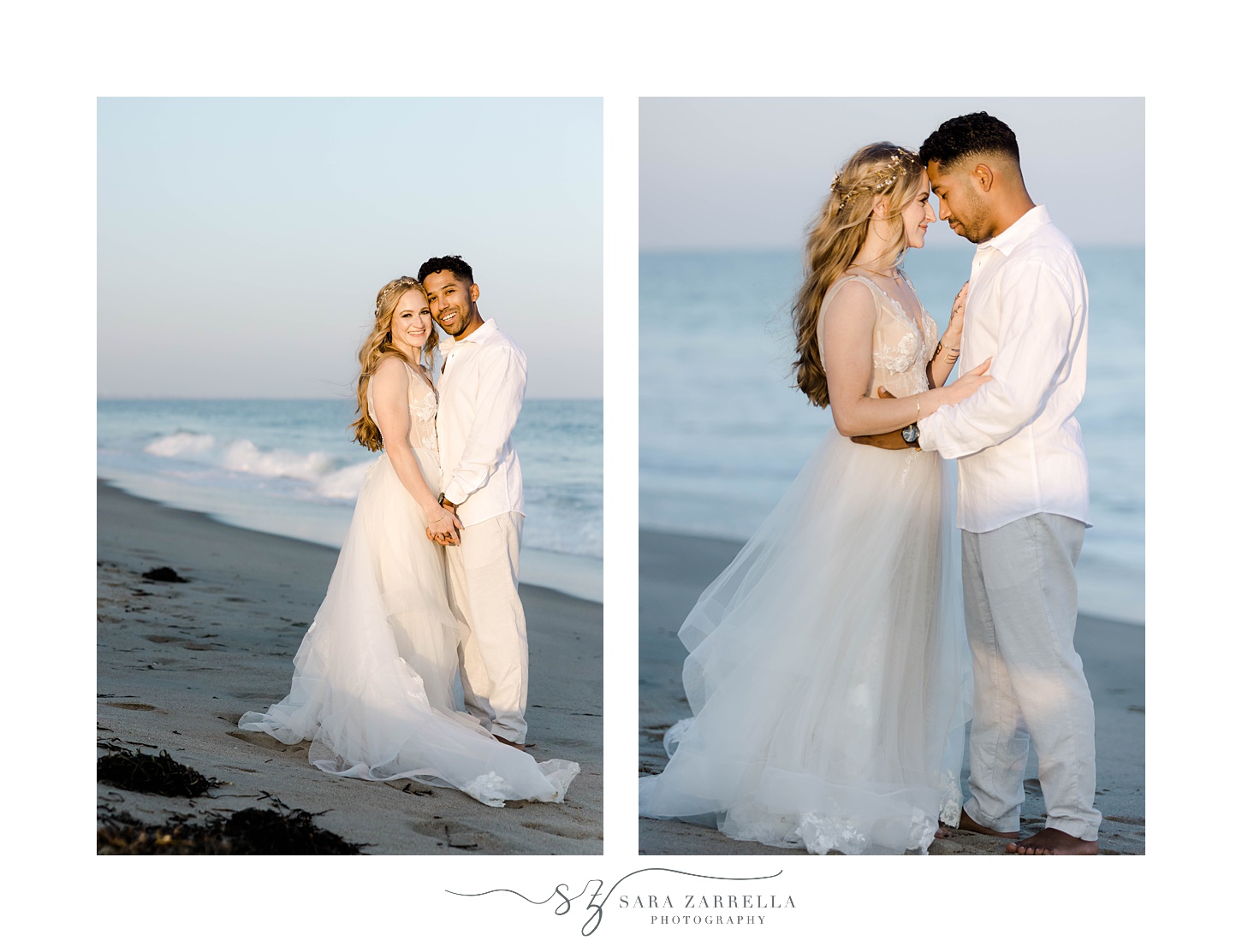 newlyweds lean heads together near ocean at Charlestown Beach