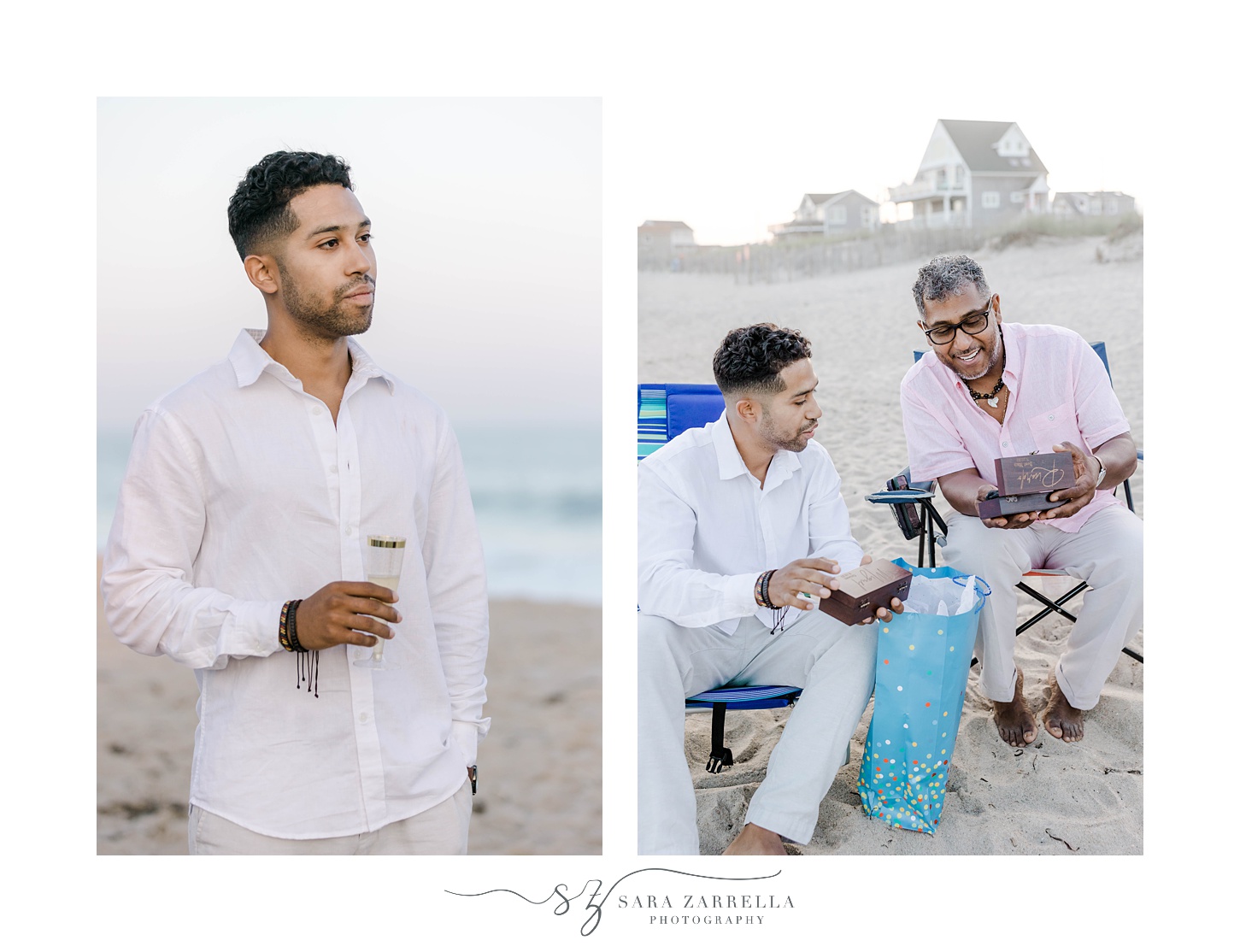 groom talks with father during beach wedding reception in Rhode Island