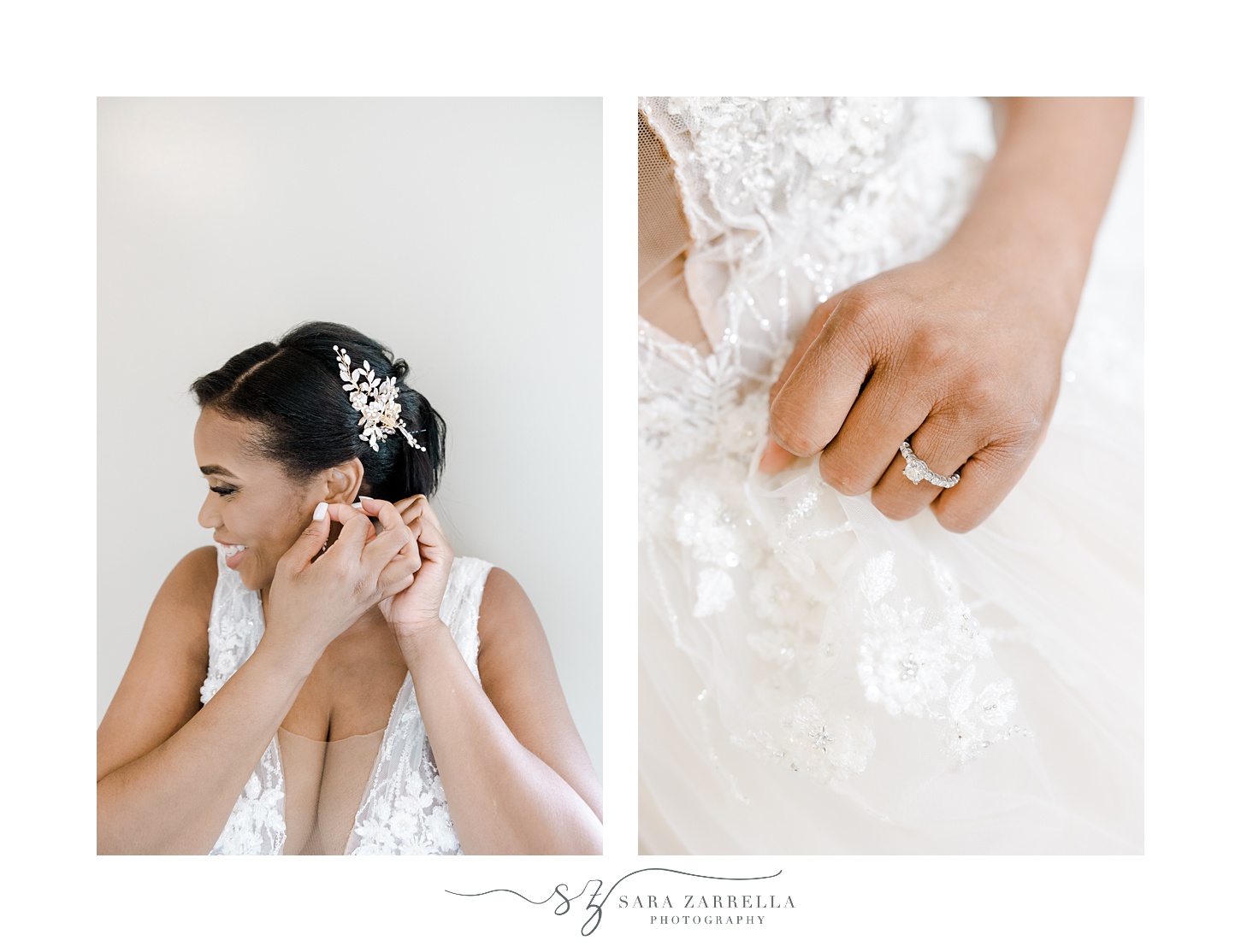 bride shows off diamond hair barrette and adjusts earrings before RI wedding