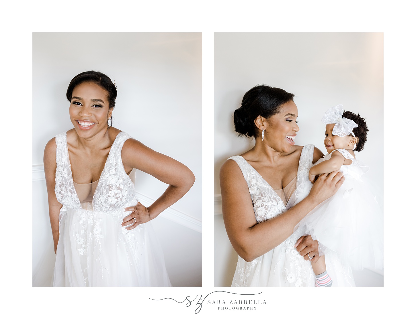 bride laughs and poses with daughter on hip during portraits in Newport RI