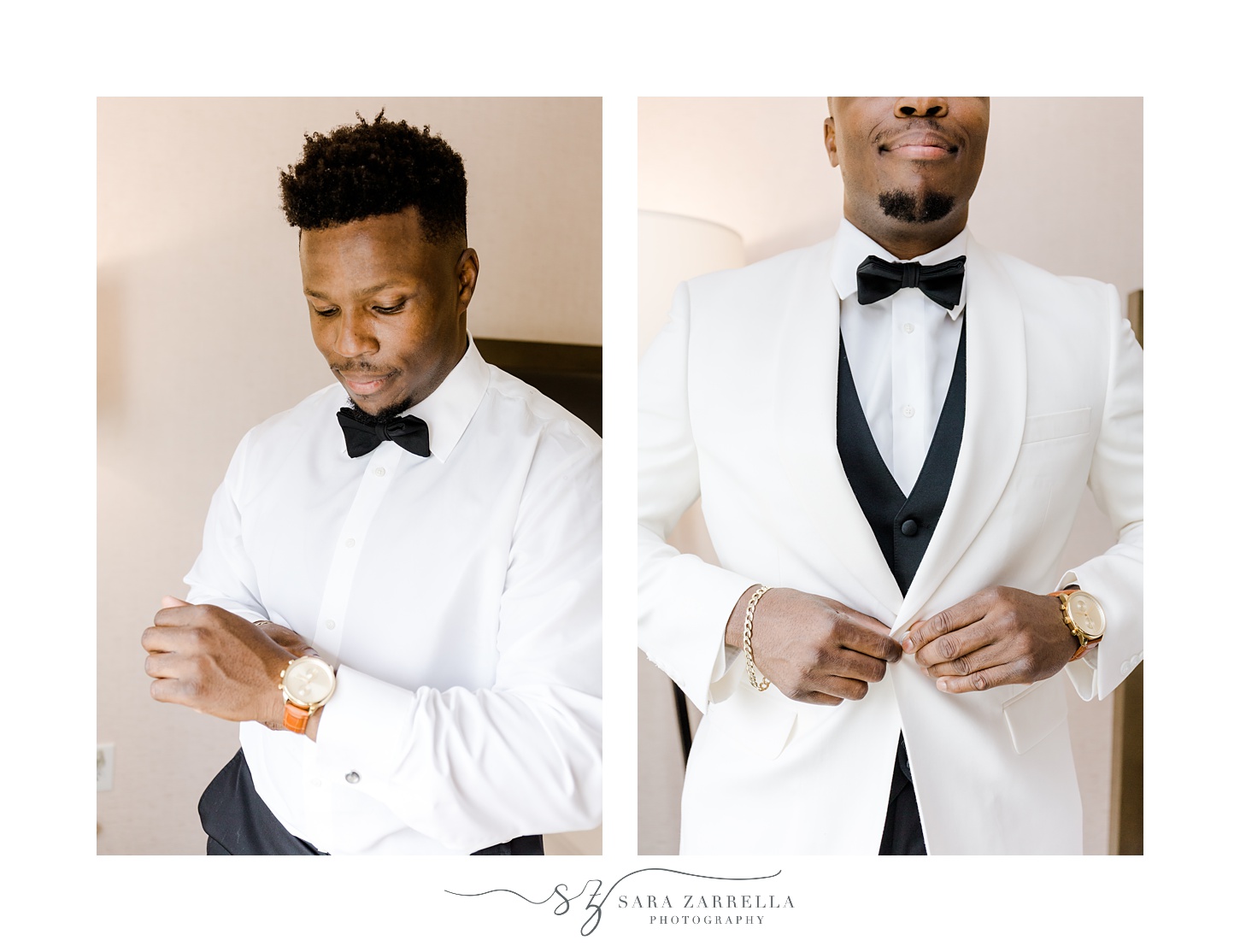 groom buttons up white suit jacket before OceanCliff Hotel wedding