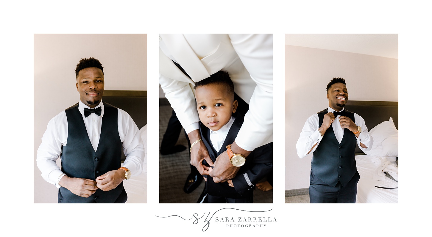 groom adjusts bowtie for himself and son before RI wedding