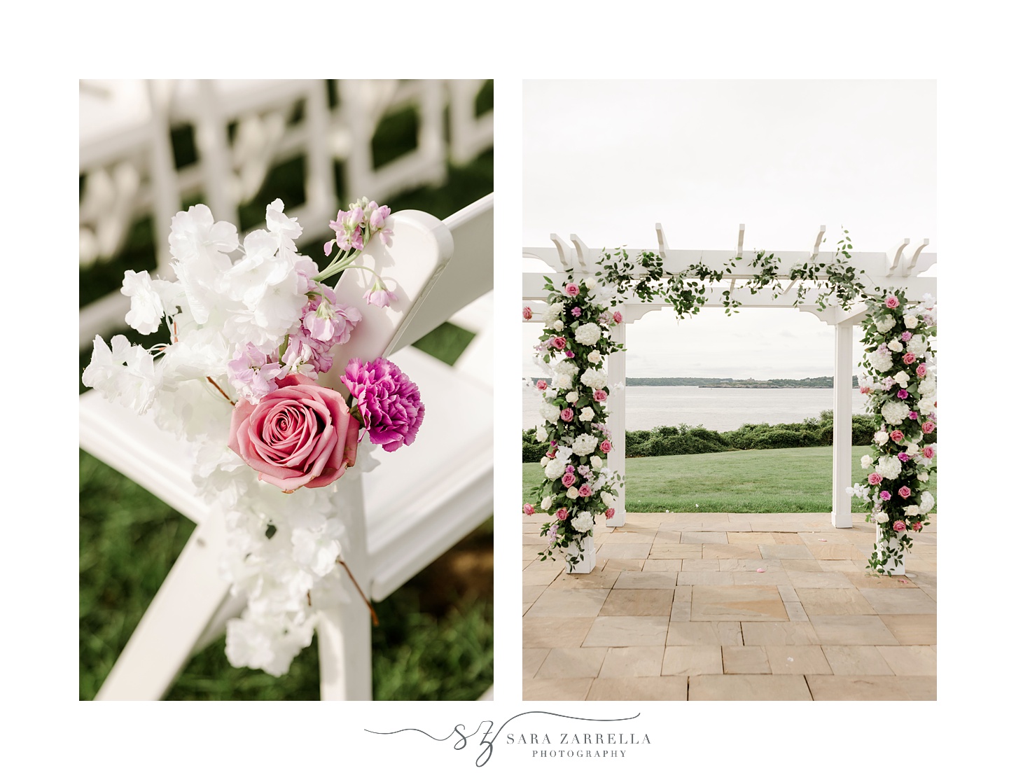 wedding ceremony on lawn at OceanCliff Hotel with pink and white flowers on arbor and chairs 