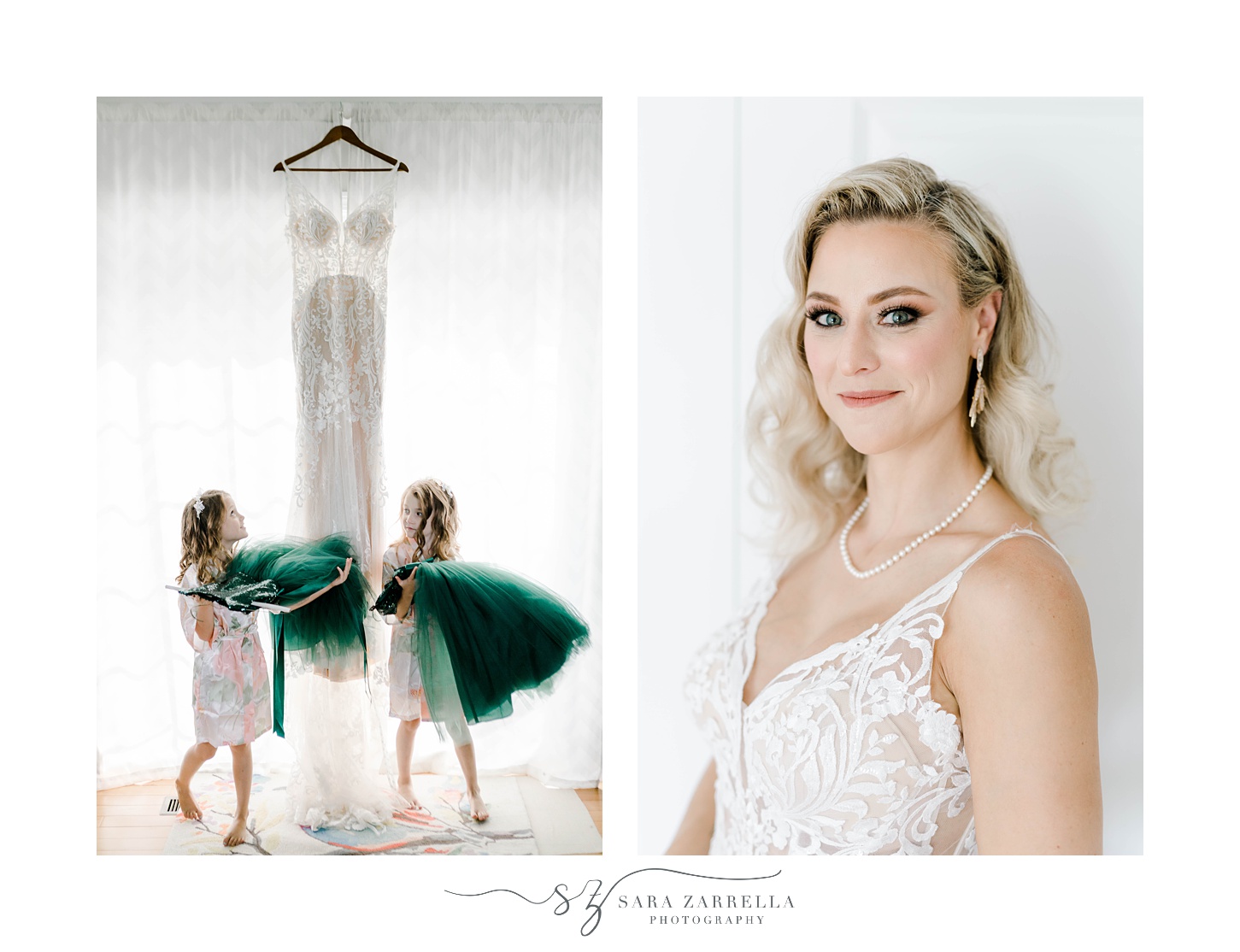 blonde bride smiles while flower girls hold up emerald gowns 