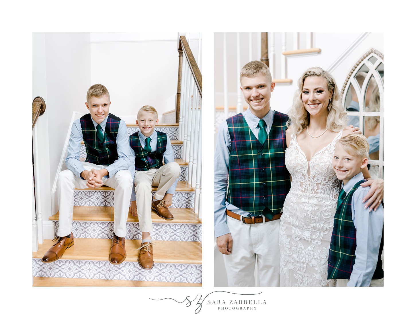 mother hugs two sons in plaid green vests before Sutton MA wedding