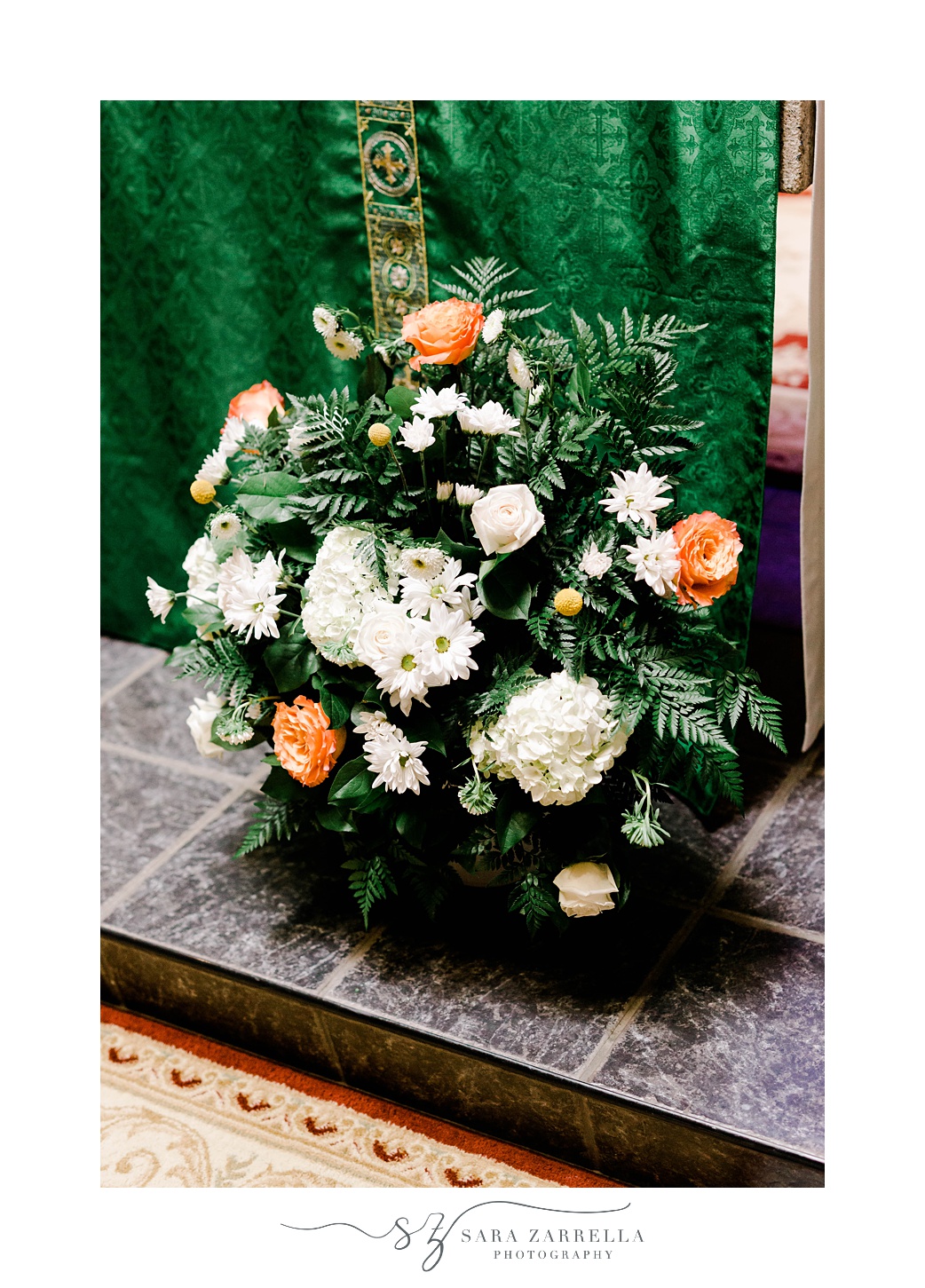 orange and white flowers for traditional church wedding in Sutton MA