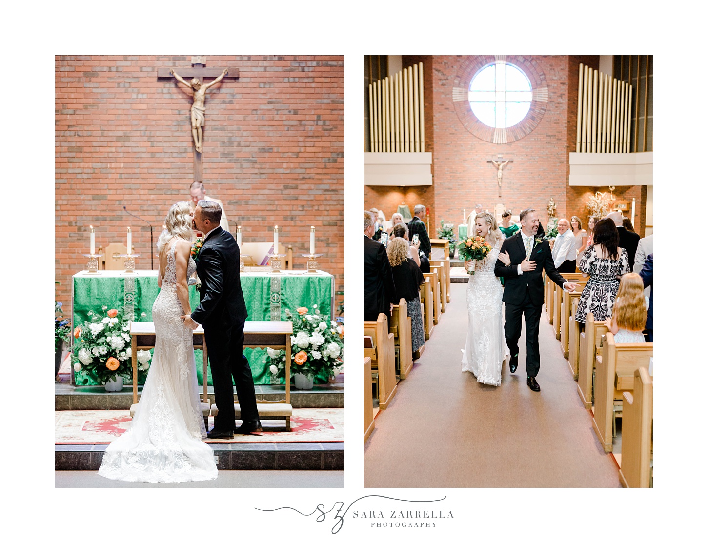 bride and groom kiss during traditional church wedding in Sutton MA