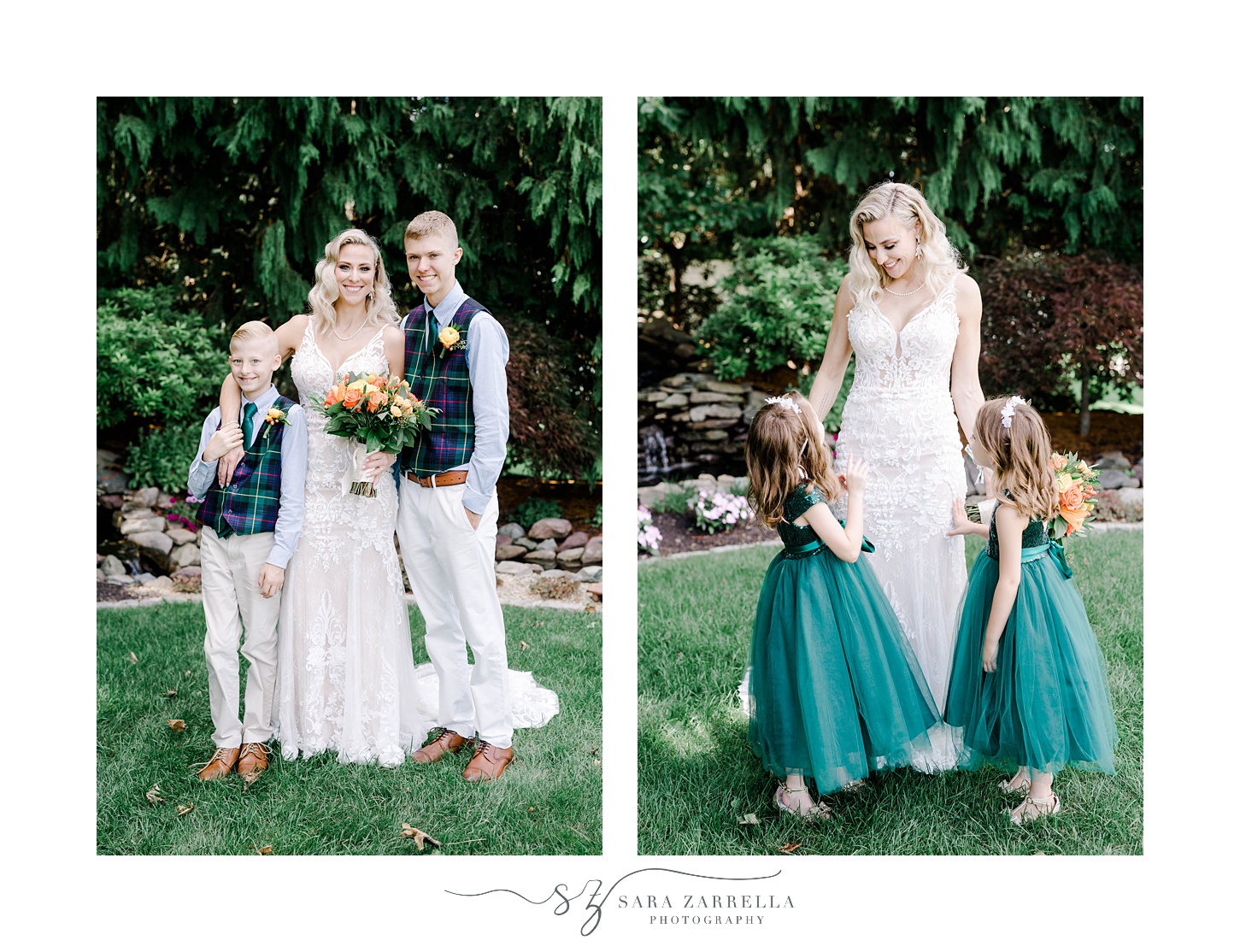 bride poses with sons and two daughters on lawn at Pleasant Valley Country Club
