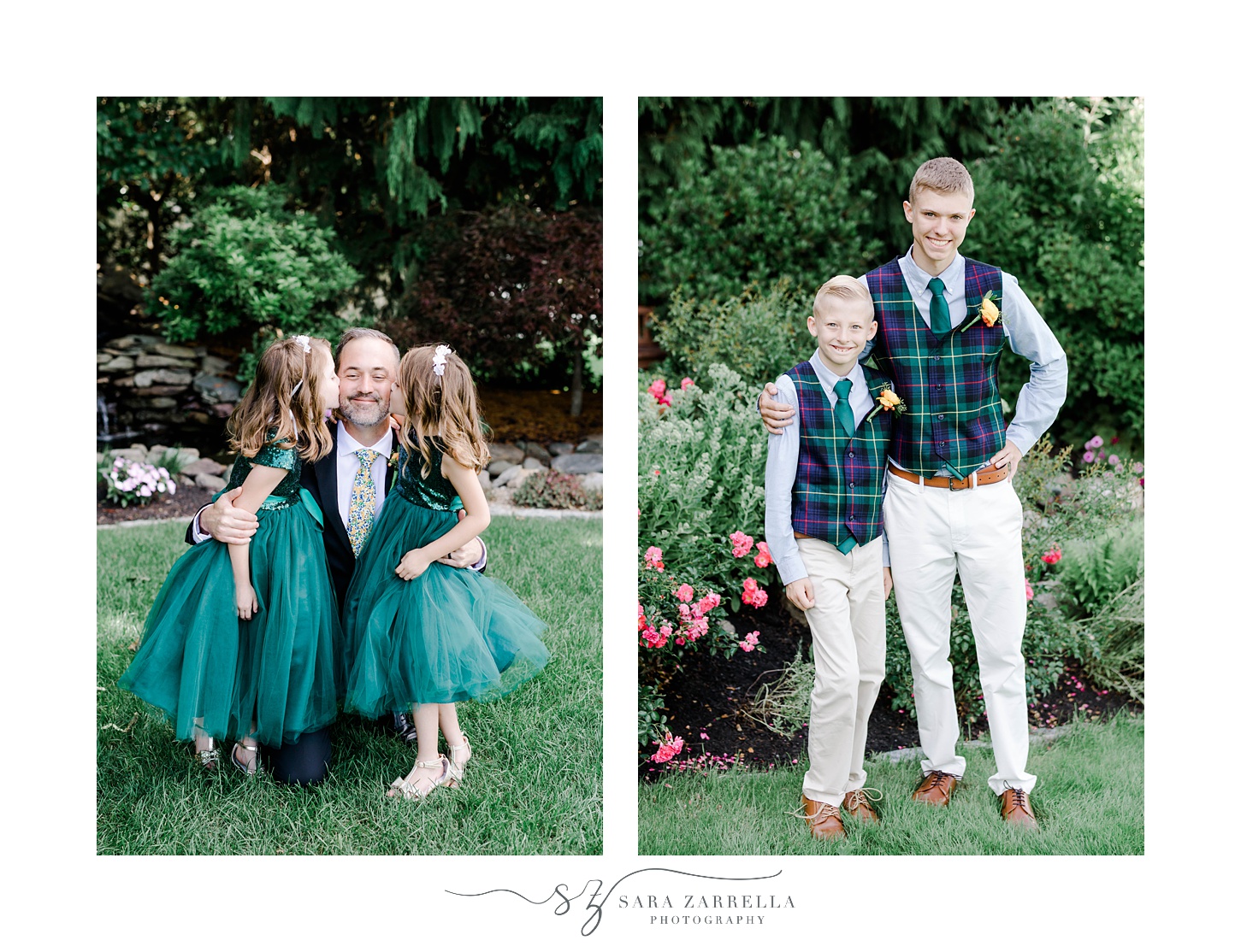 two boys pose in matching plaid vests and flower girls kiss groom's cheek