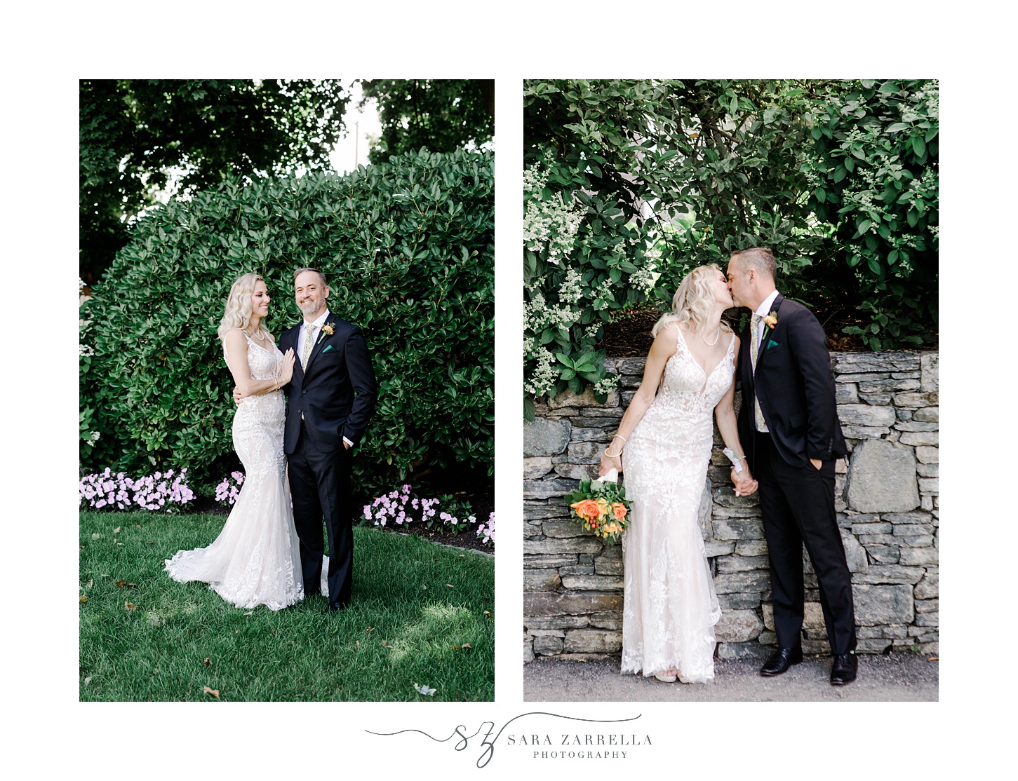 newlyweds kiss in front of stone wall at Pleasant Valley Country Club