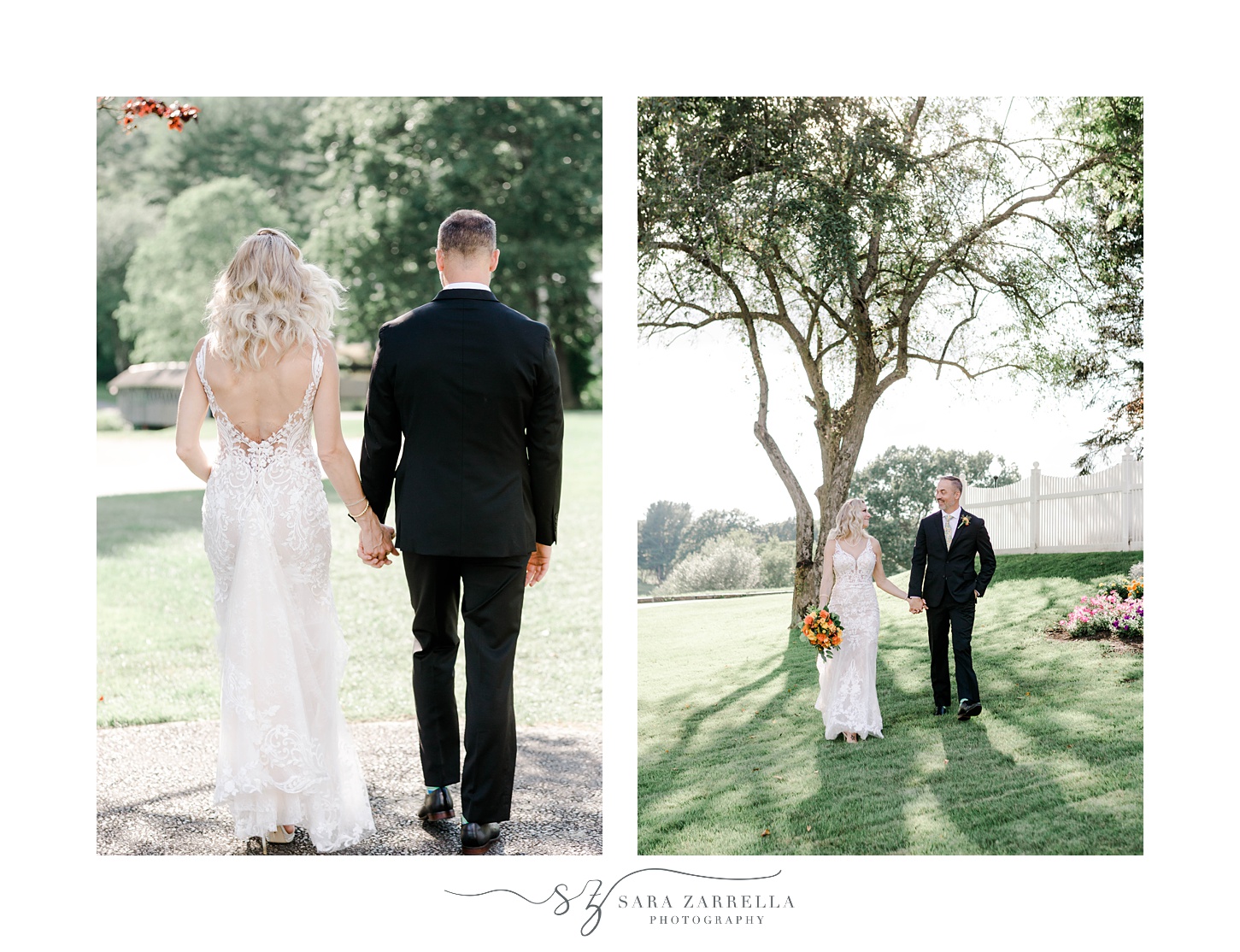 bride and groom hold hands walking under trees at Pleasant Valley Country Club