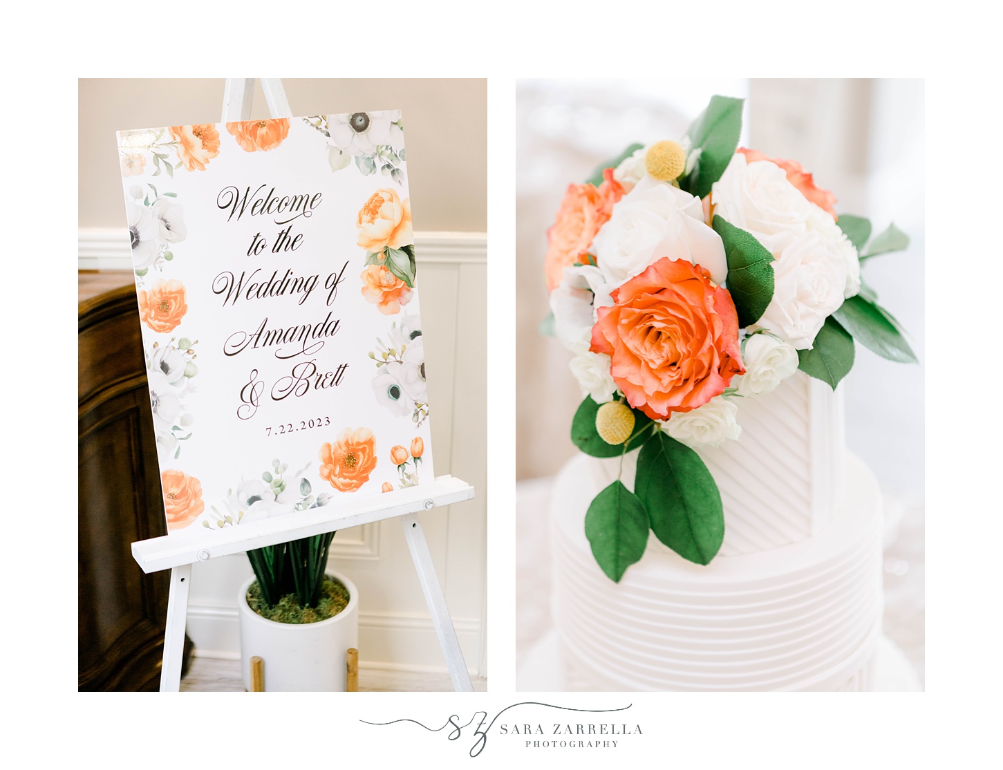 summer wedding reception welcome sign with orange flowers 