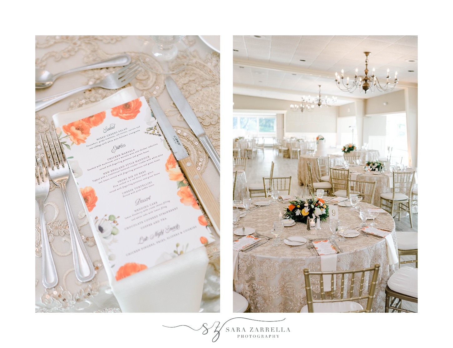 wedding reception at Pleasant Valley Country Club with orange flowers on menu card 