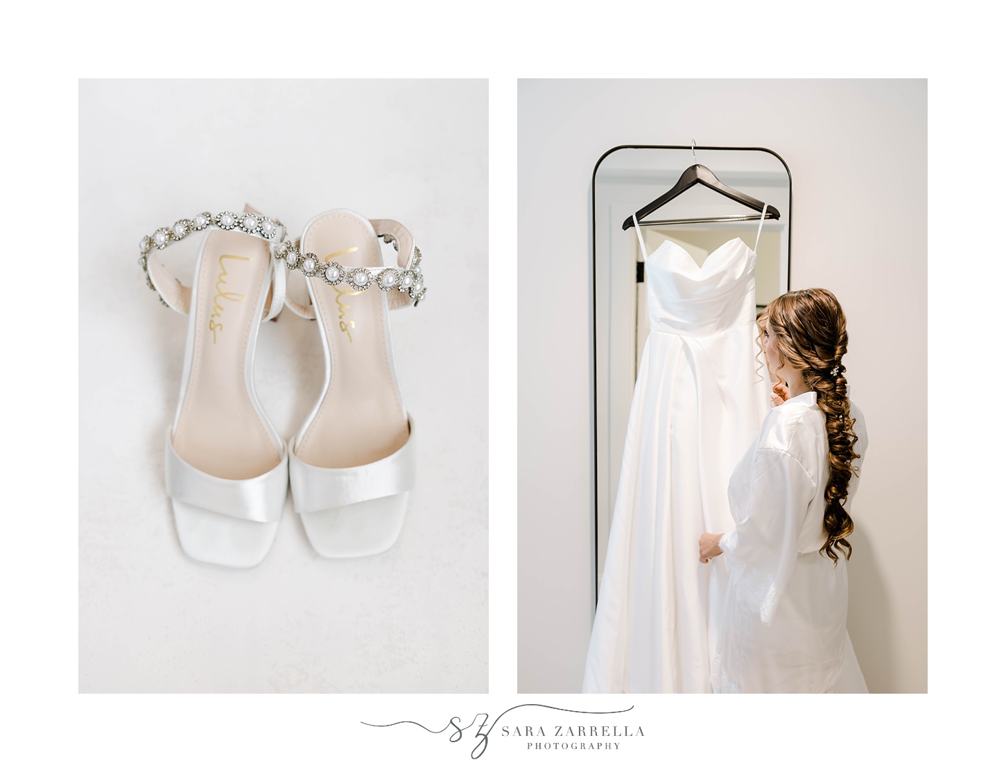 bride looks at wedding dress hanging on mirror at Regatta Place