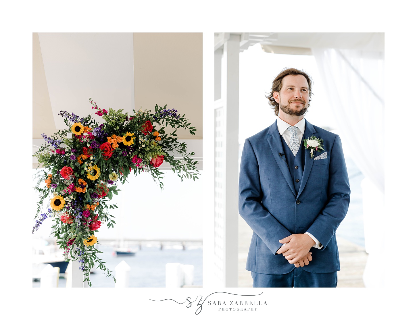 groom stands at end of aisle waiting for bride at Regatta Place with bright flowers on arbor 