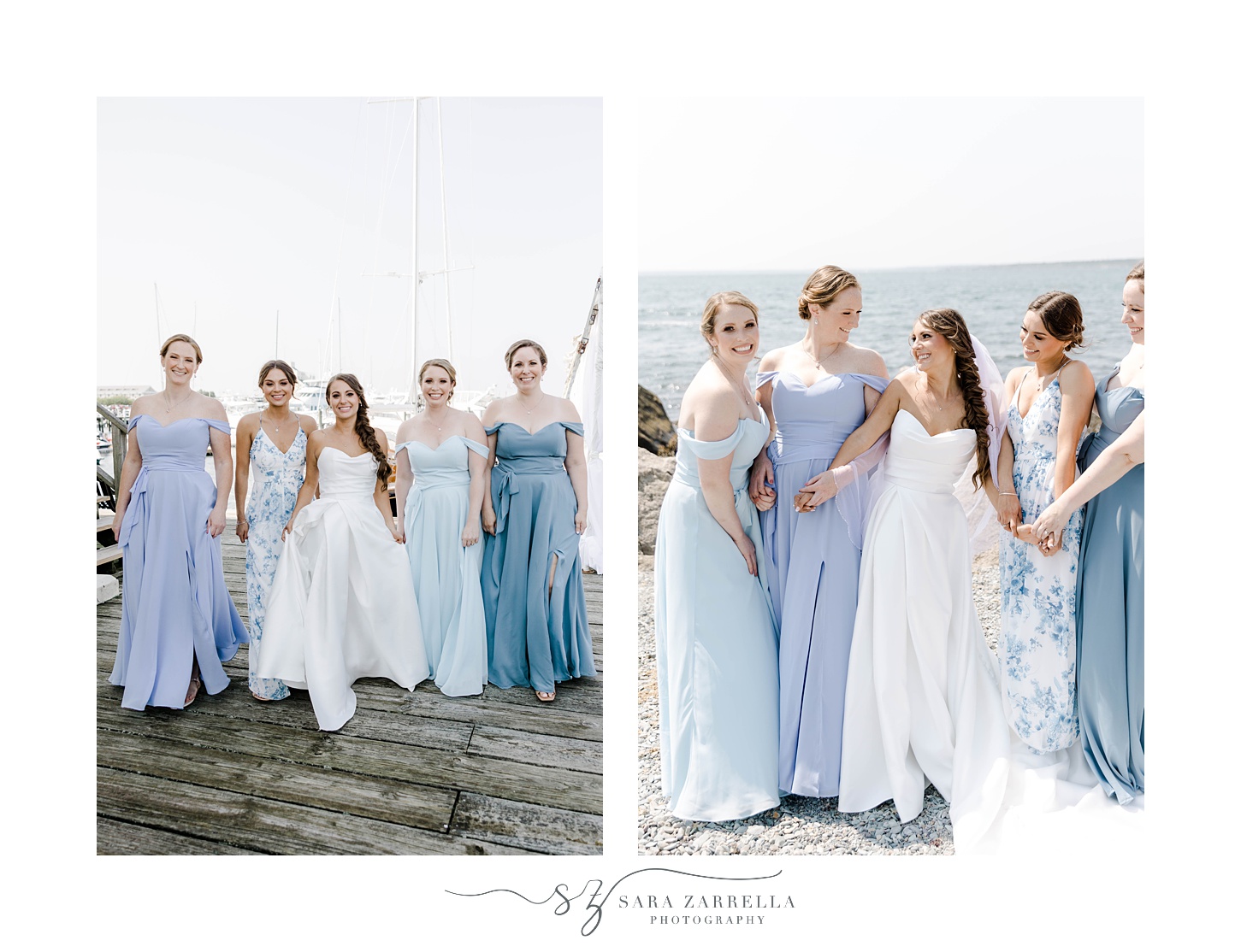 bridesmaids in mismatched light blue gowns pose on dock in Newport RI