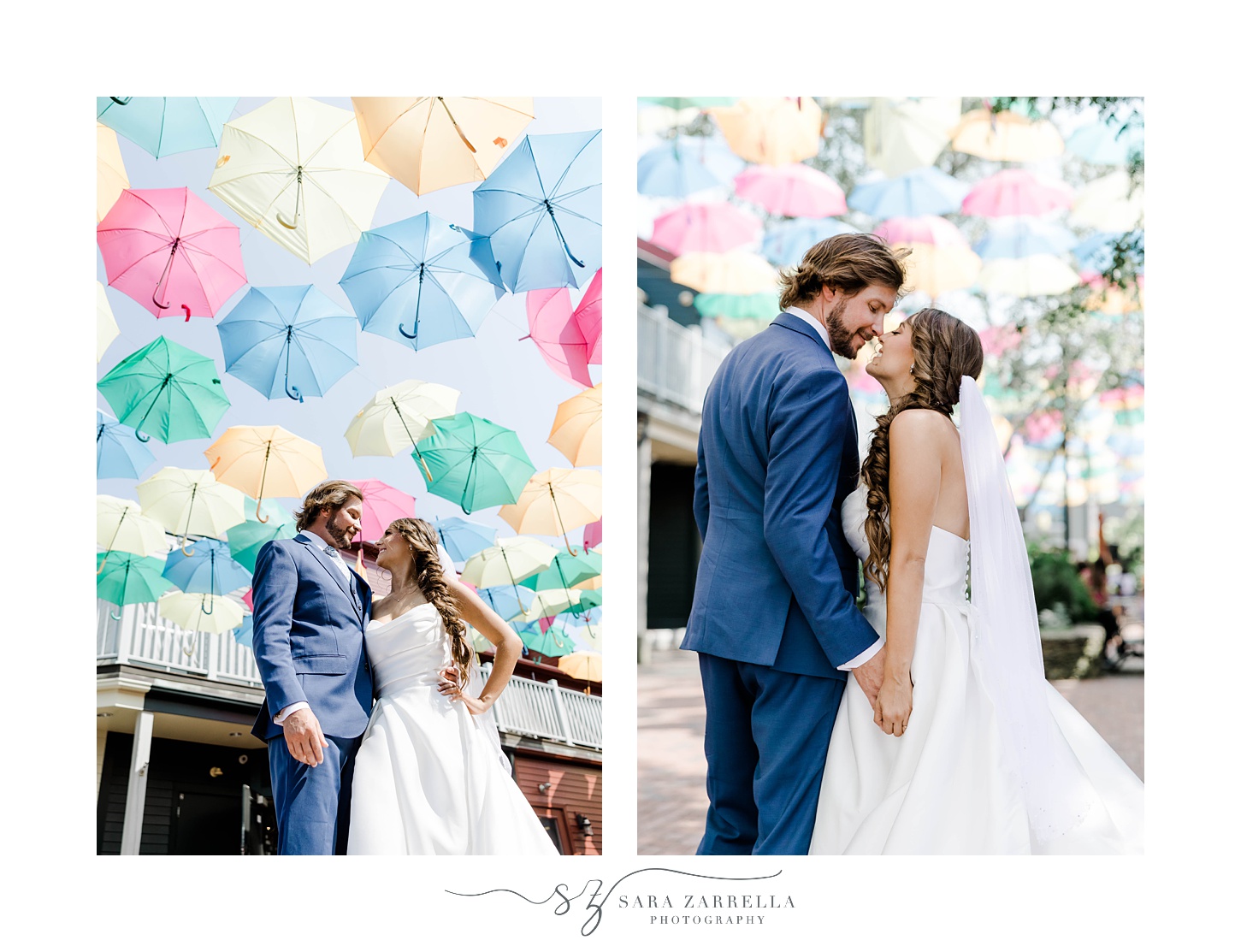 bride and groom hug under multiple umbrellas in Market Square