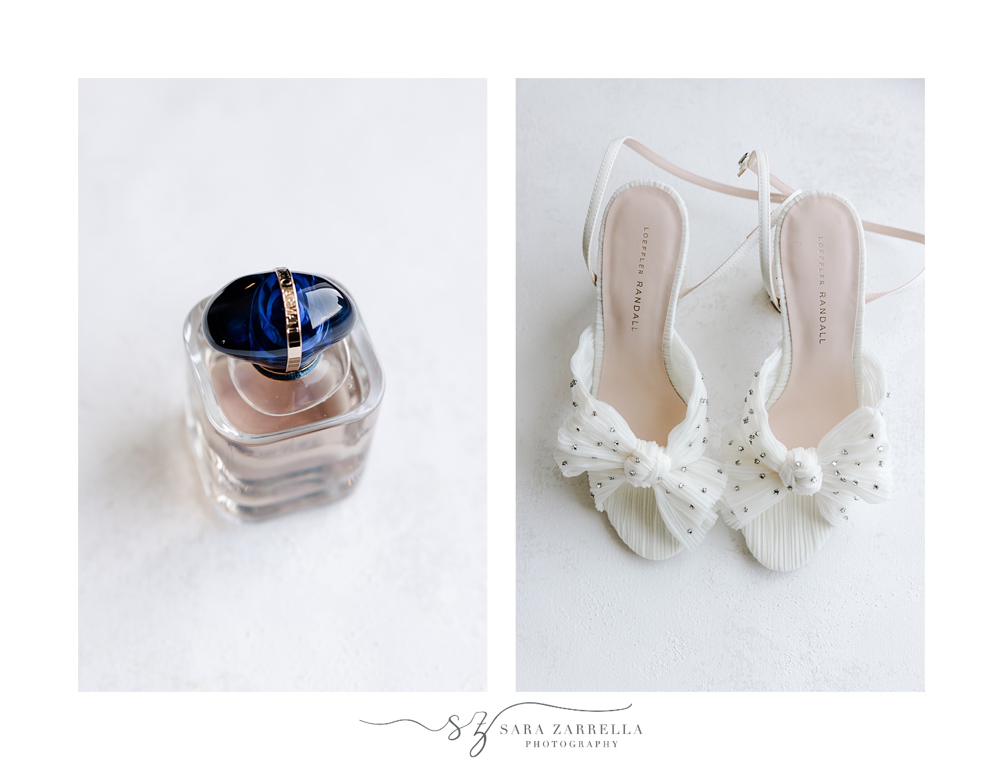 bride's perfume and white shoes with bows for Newport Harbor Island Resort wedding