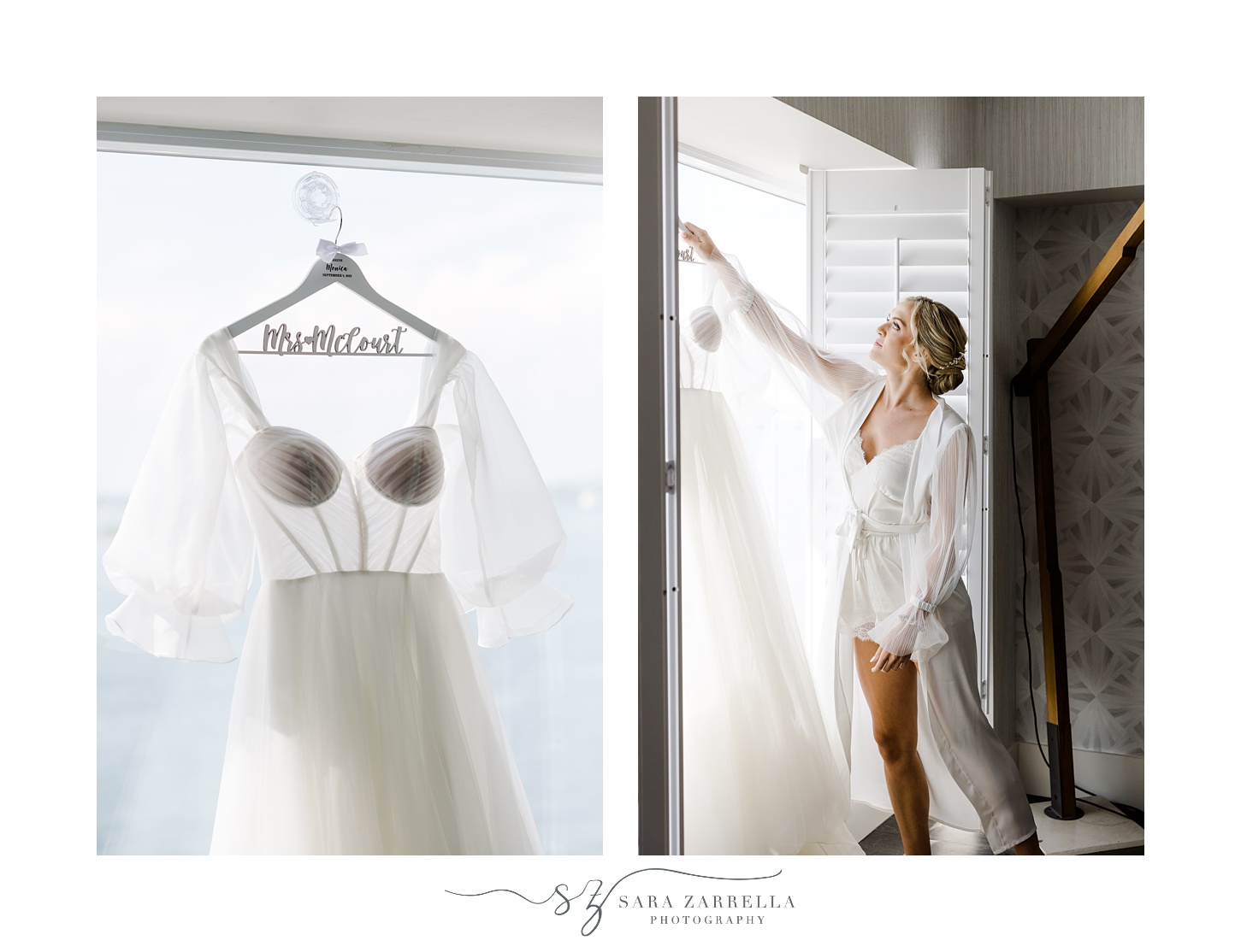bride reaches for wedding gown and custom hanger in window 
