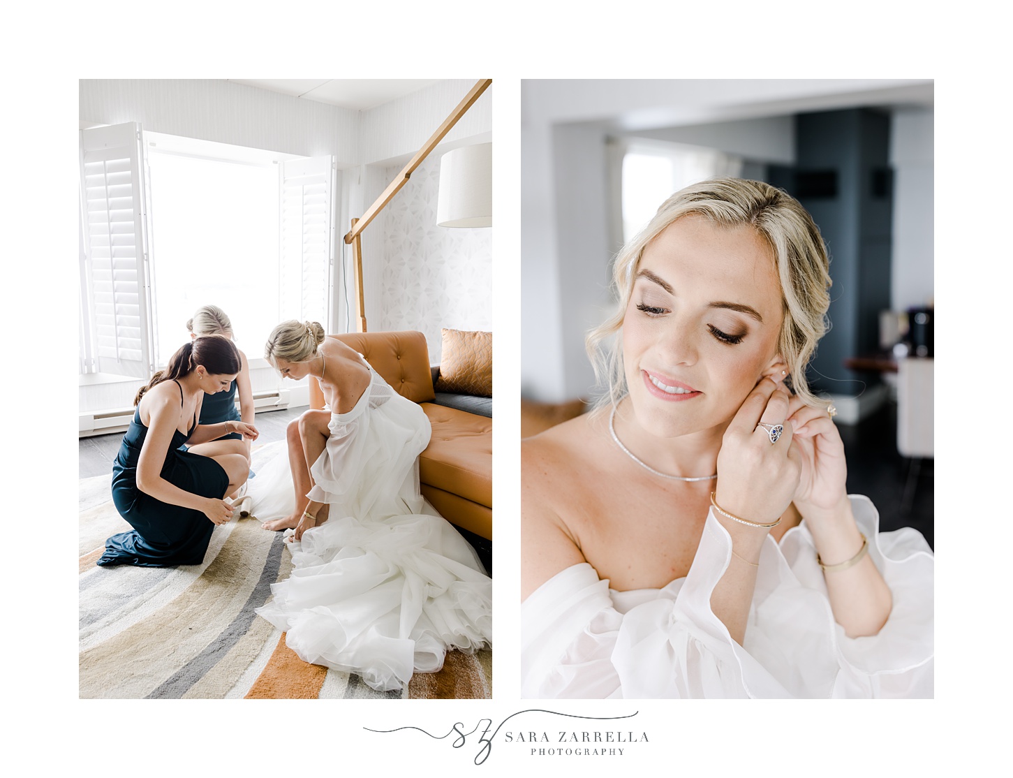 bride adjusts earrings while bridesmaid helps her with shoes before Newport Harbor Island Resort wedding 
