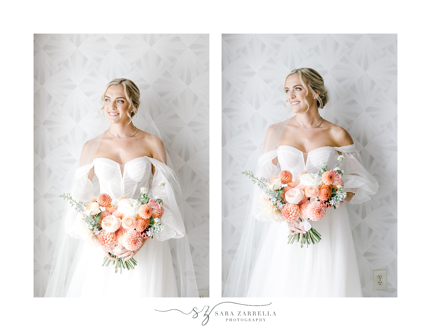 bride poses in front of textured wall at Newport Harbor Island Resort with pink/peach bouquet 