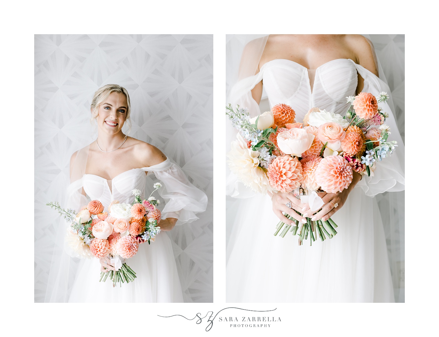 bride holds bouquet of pink and peach flowers in front of textured wall at Newport Harbor Island Resort