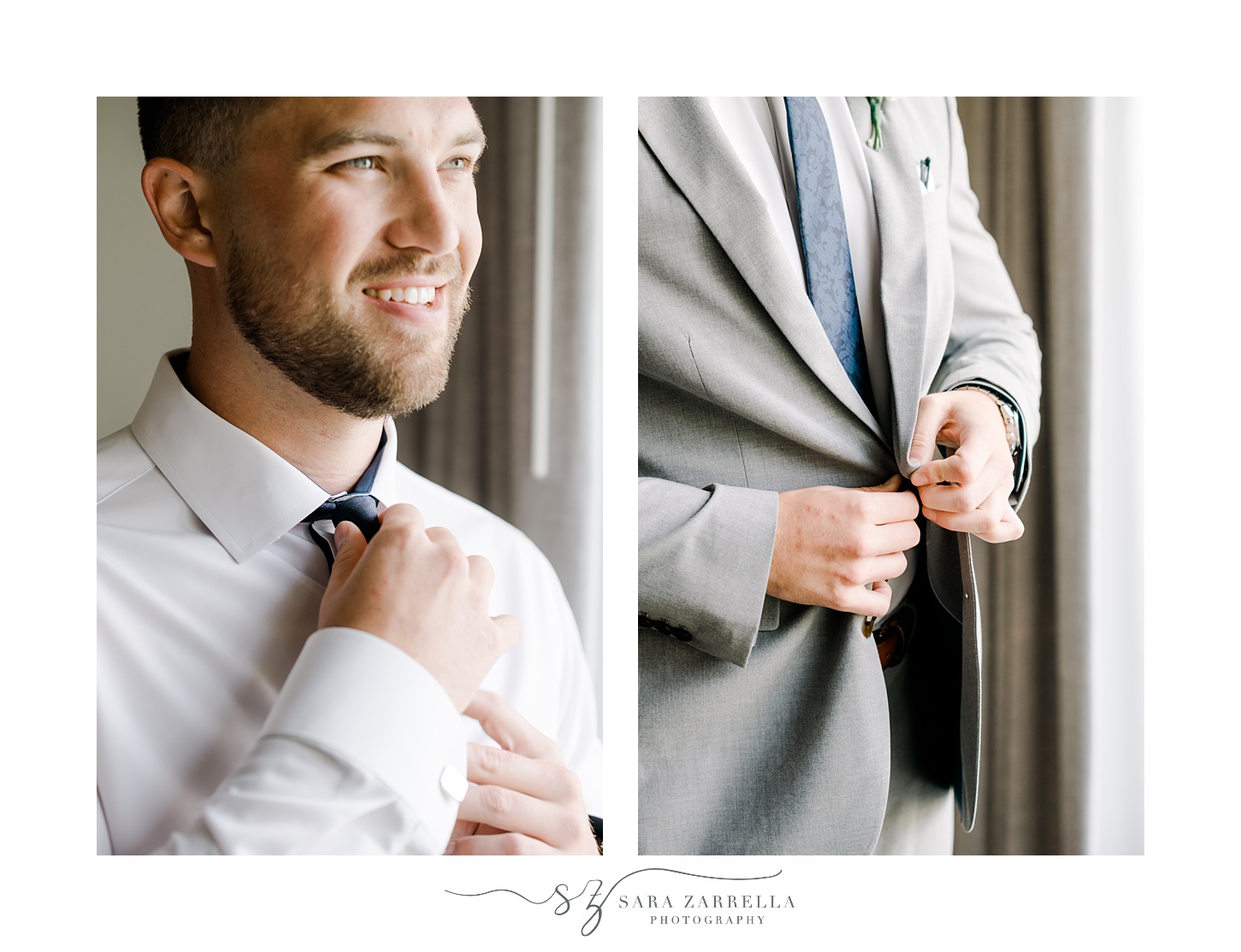 groom prepares in grey suit for Newport RI wedding day