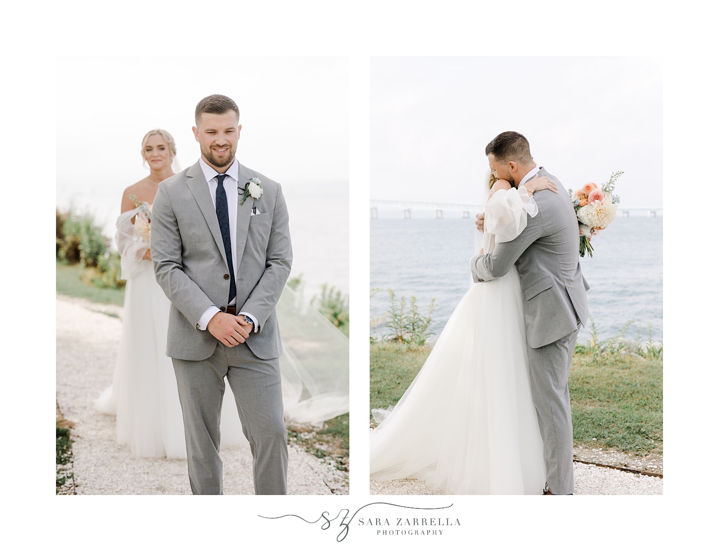 groom hugs bride during first look at Newport Harbor Island Resort
