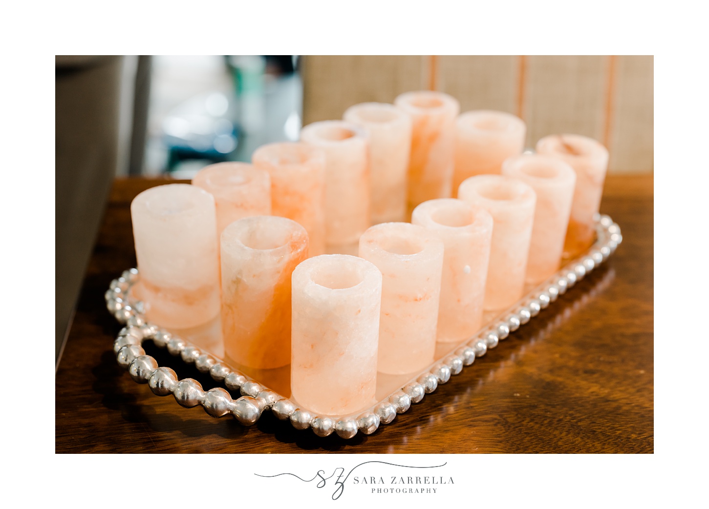 rose quartz shot glasses for wedding party on silver tray