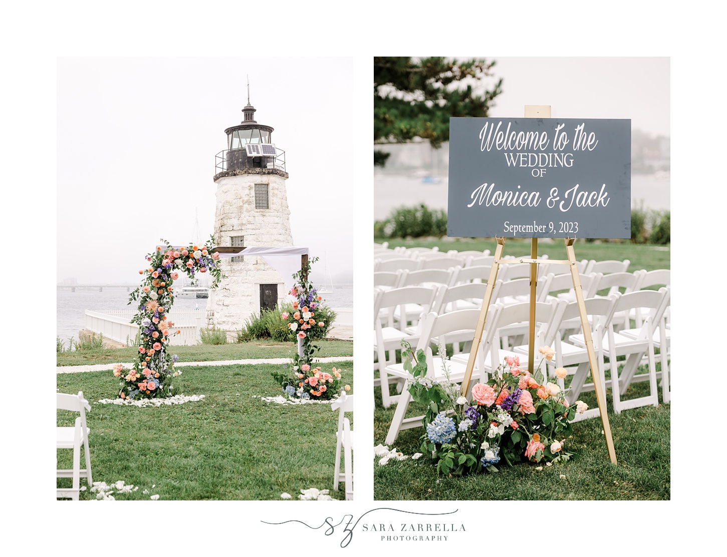 floral arbor for wedding ceremony on lawn in front of Newport Lighthouse 