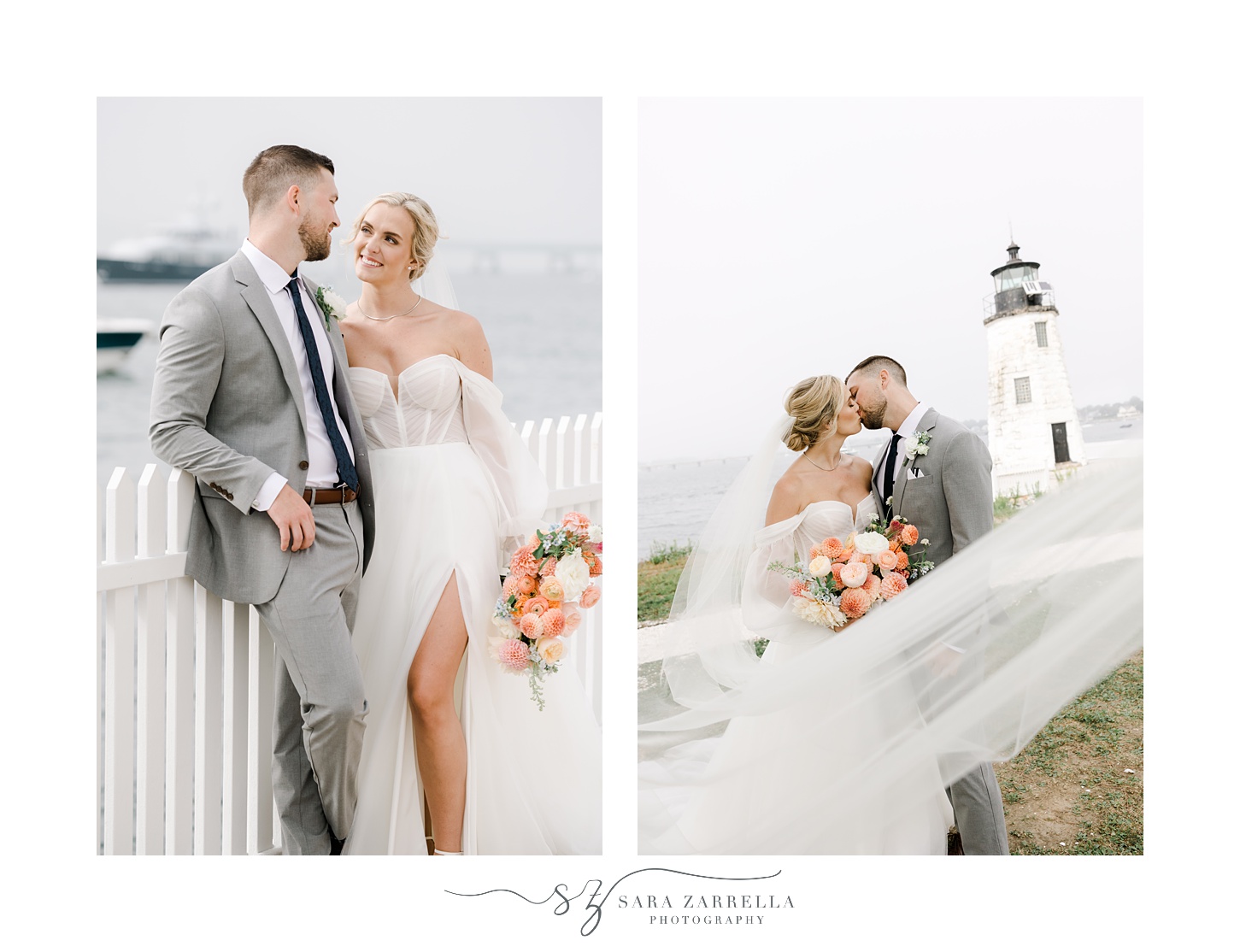 bride and groom lean against fence near Newport Lighthouse