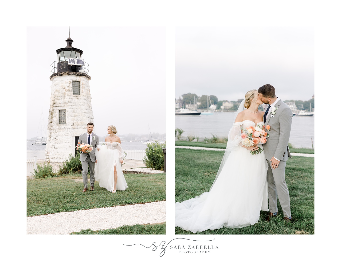 newlyweds kiss with Narragansett Bay behind them near Newport Lighthouse 